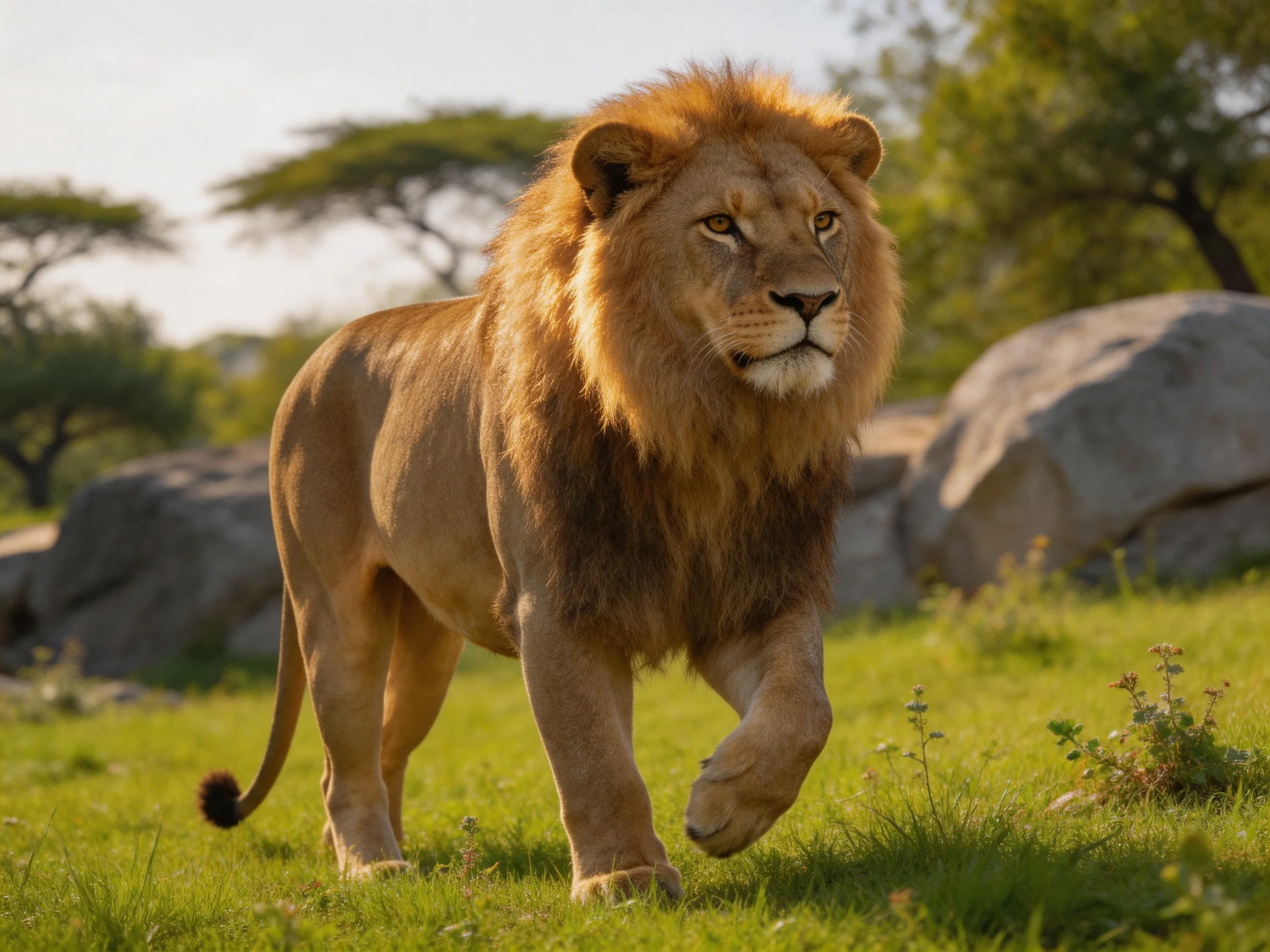 A strong male lion moves through a sunlit savannah with rocks