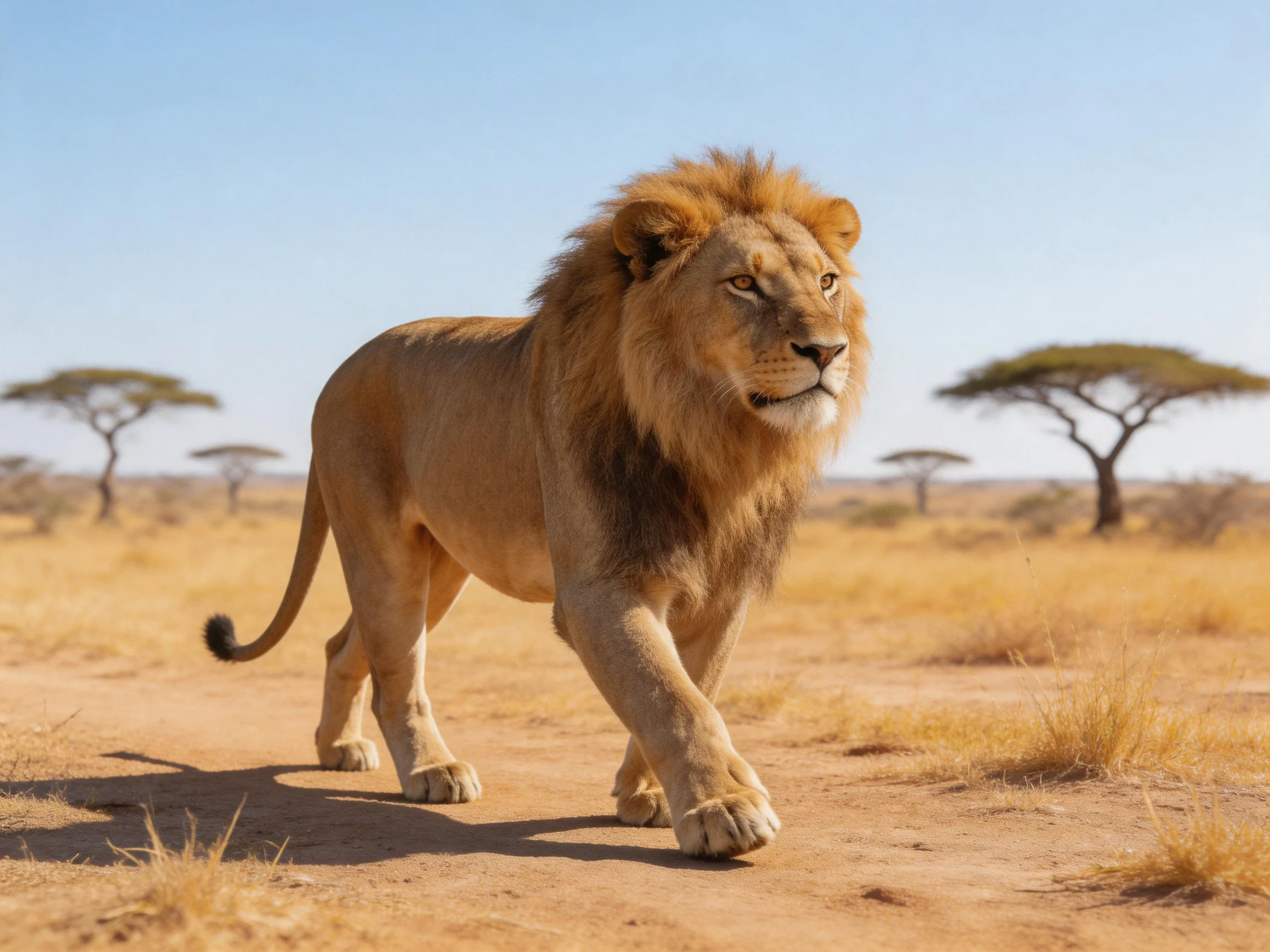 A male lion walks through a sunny savannah with scattered trees.