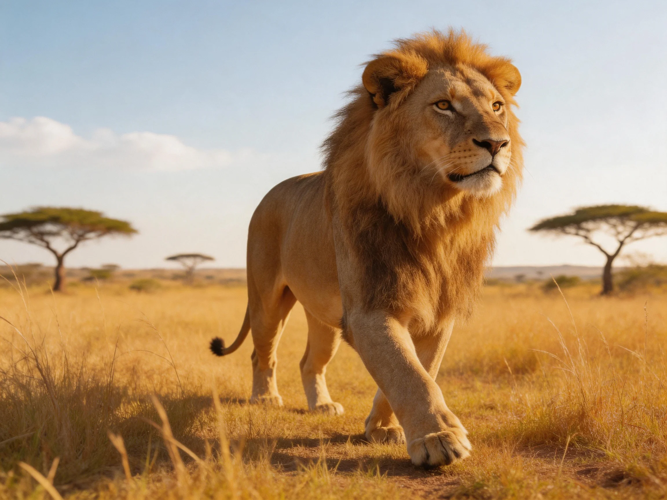 A robust male lion roams the golden savannah landscape.