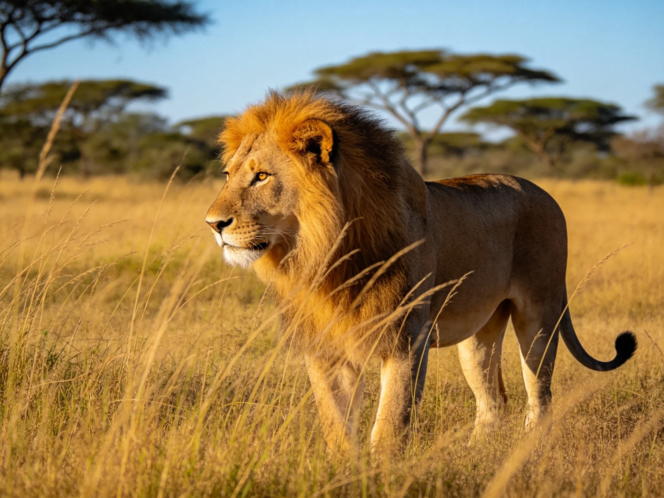 A lion roams through savannah grass near acacia trees