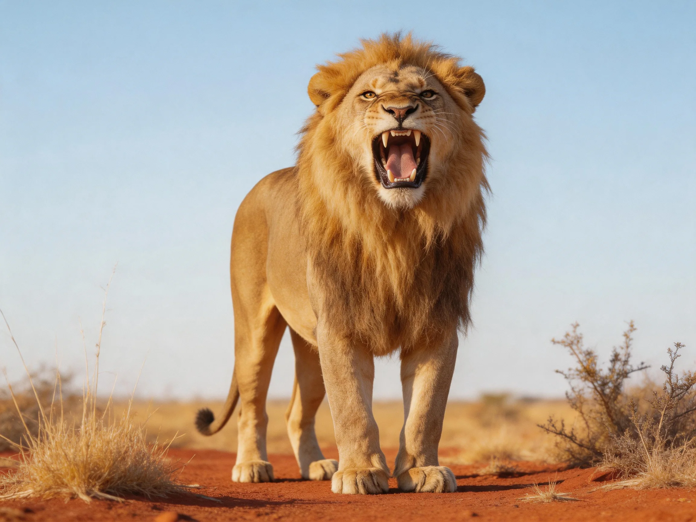 A robust male lion roars on reddish earth amid sparse vegetation.