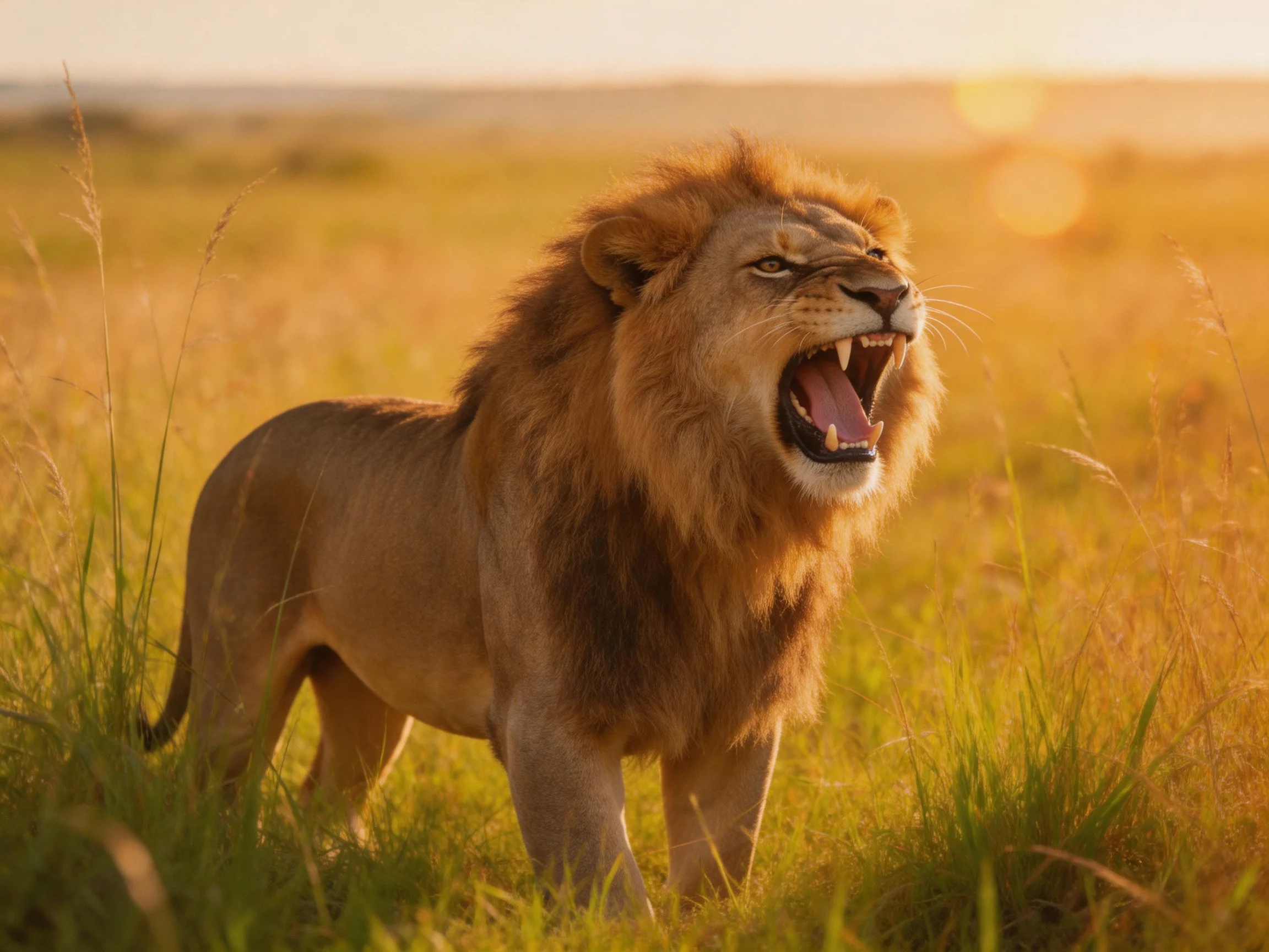 A robust male lion roars amid golden savannah grasses at sunset