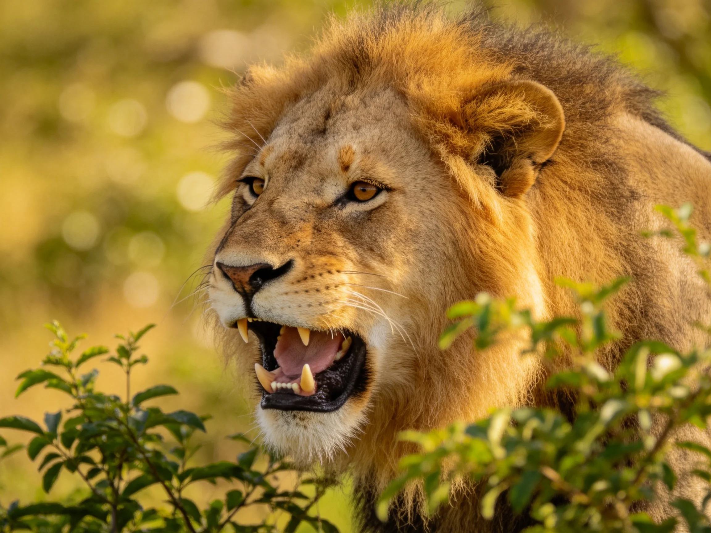 A male lion roars near green foliage in a natural setting.