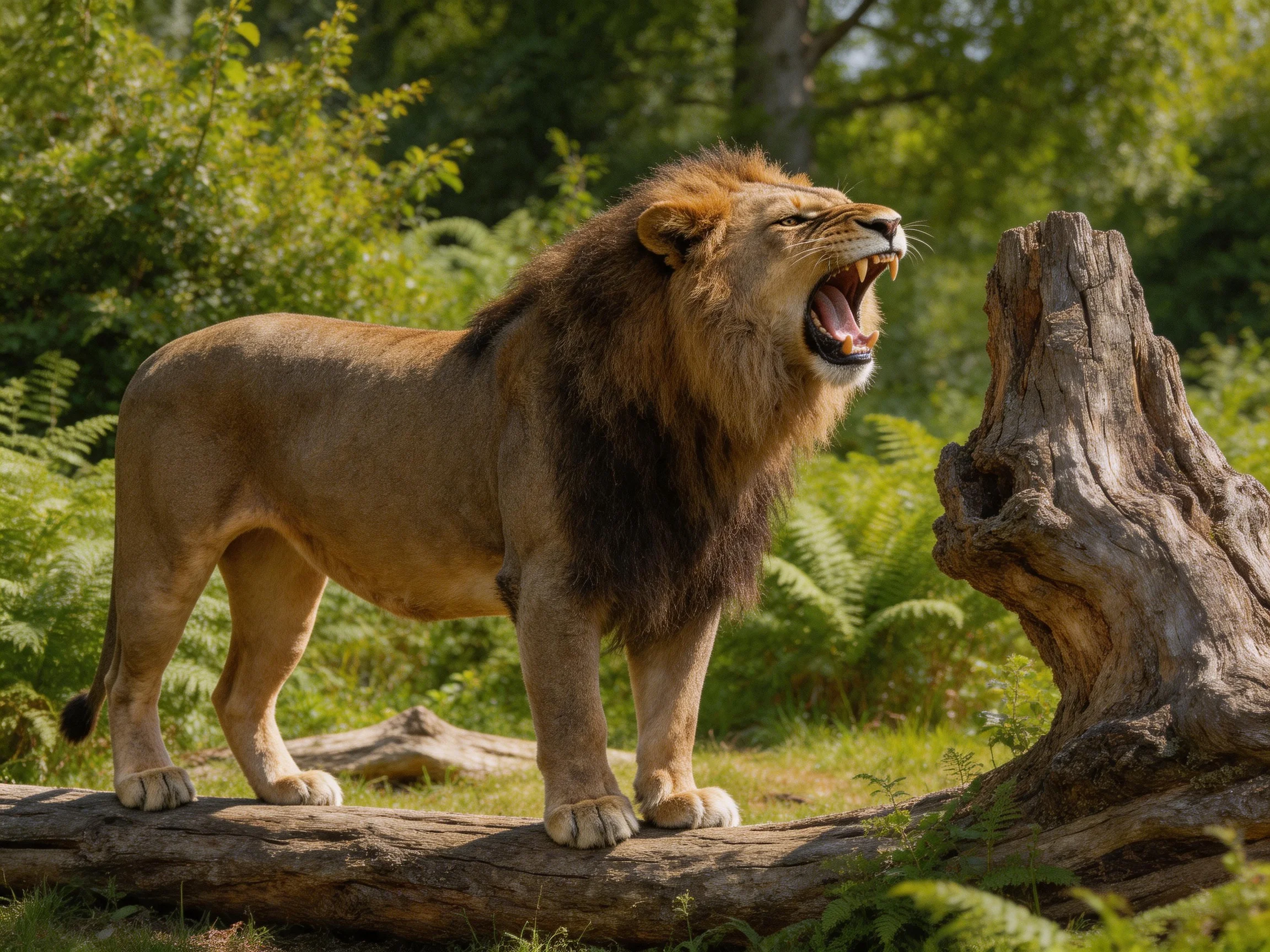 A robust male lion roars beside a gnarled tree stump in lush greenery