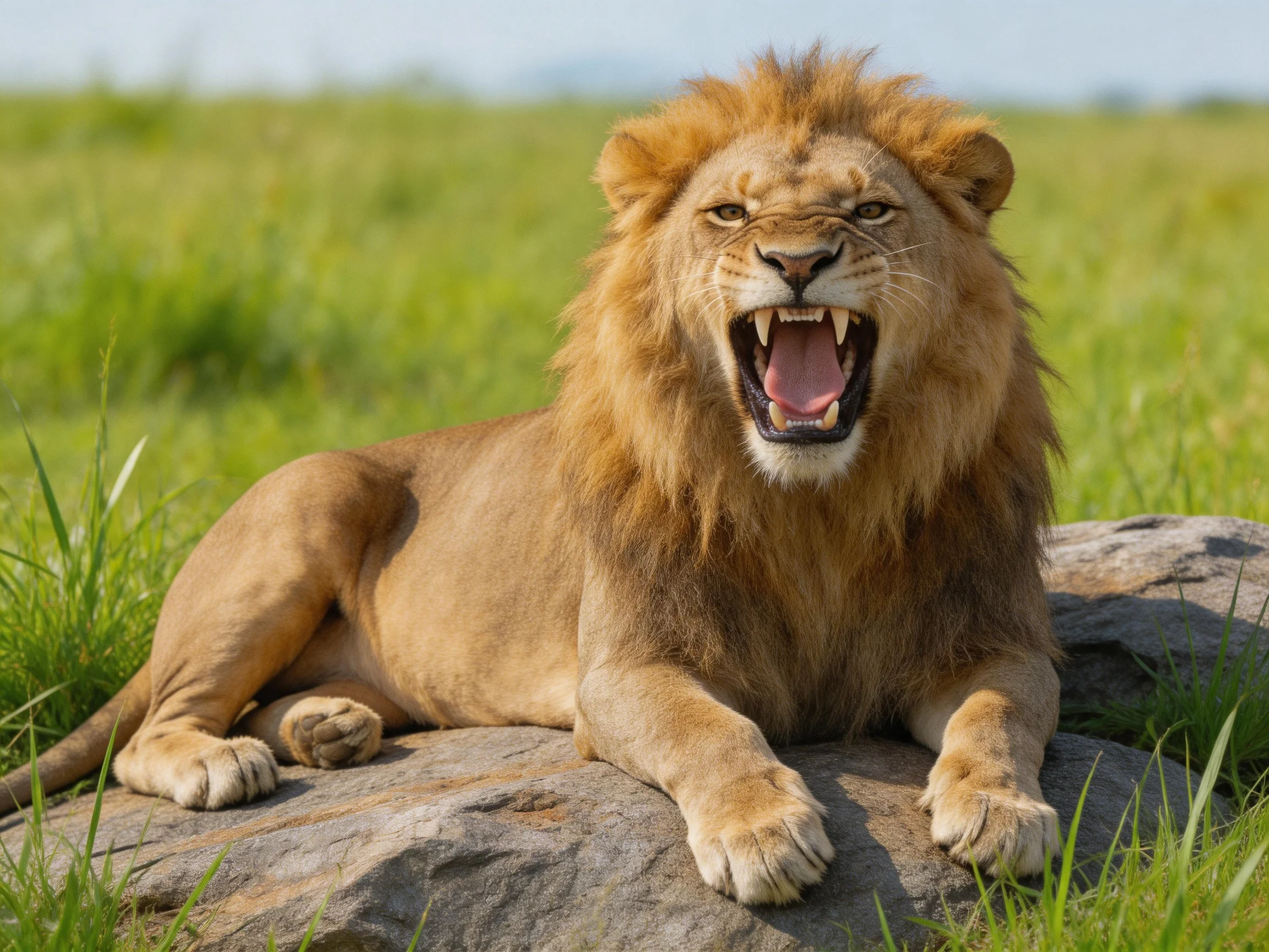 A robust male lion roars on a large gray rock amid lush green grass