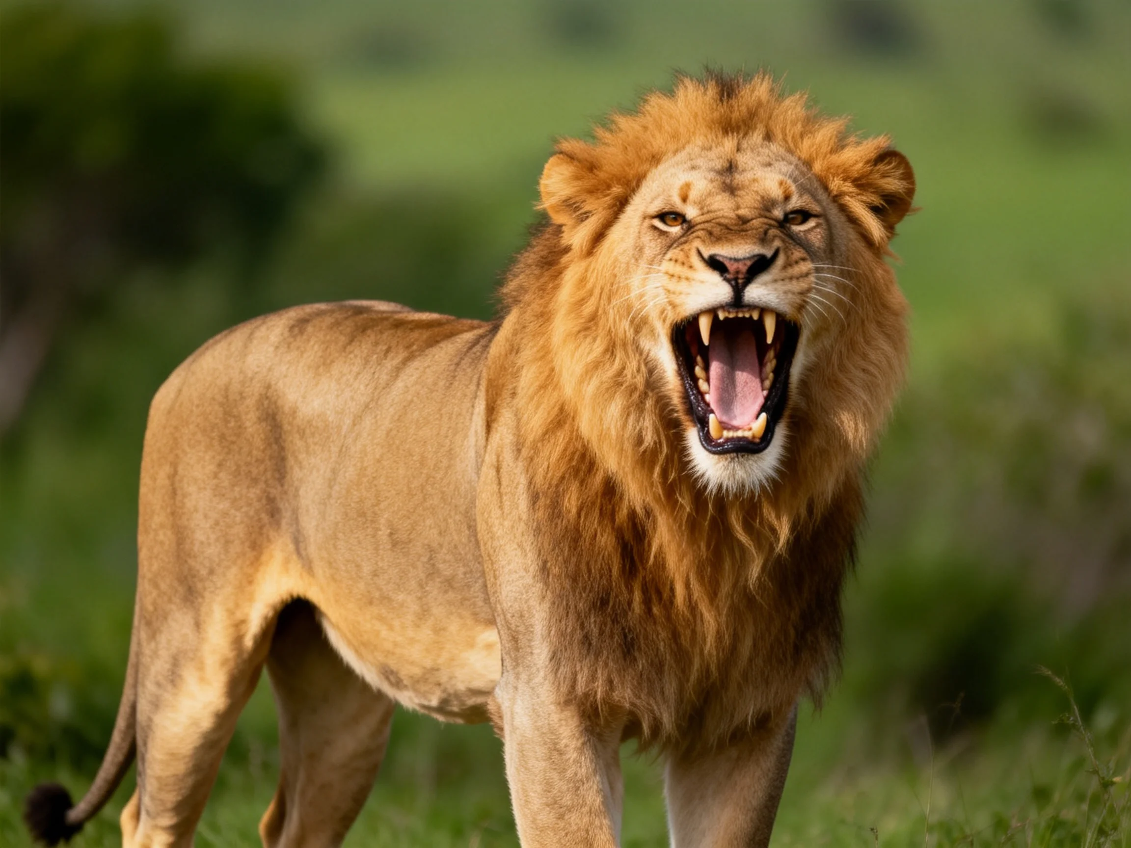 A robust male lion roars with an open mouth in a verdant savannah