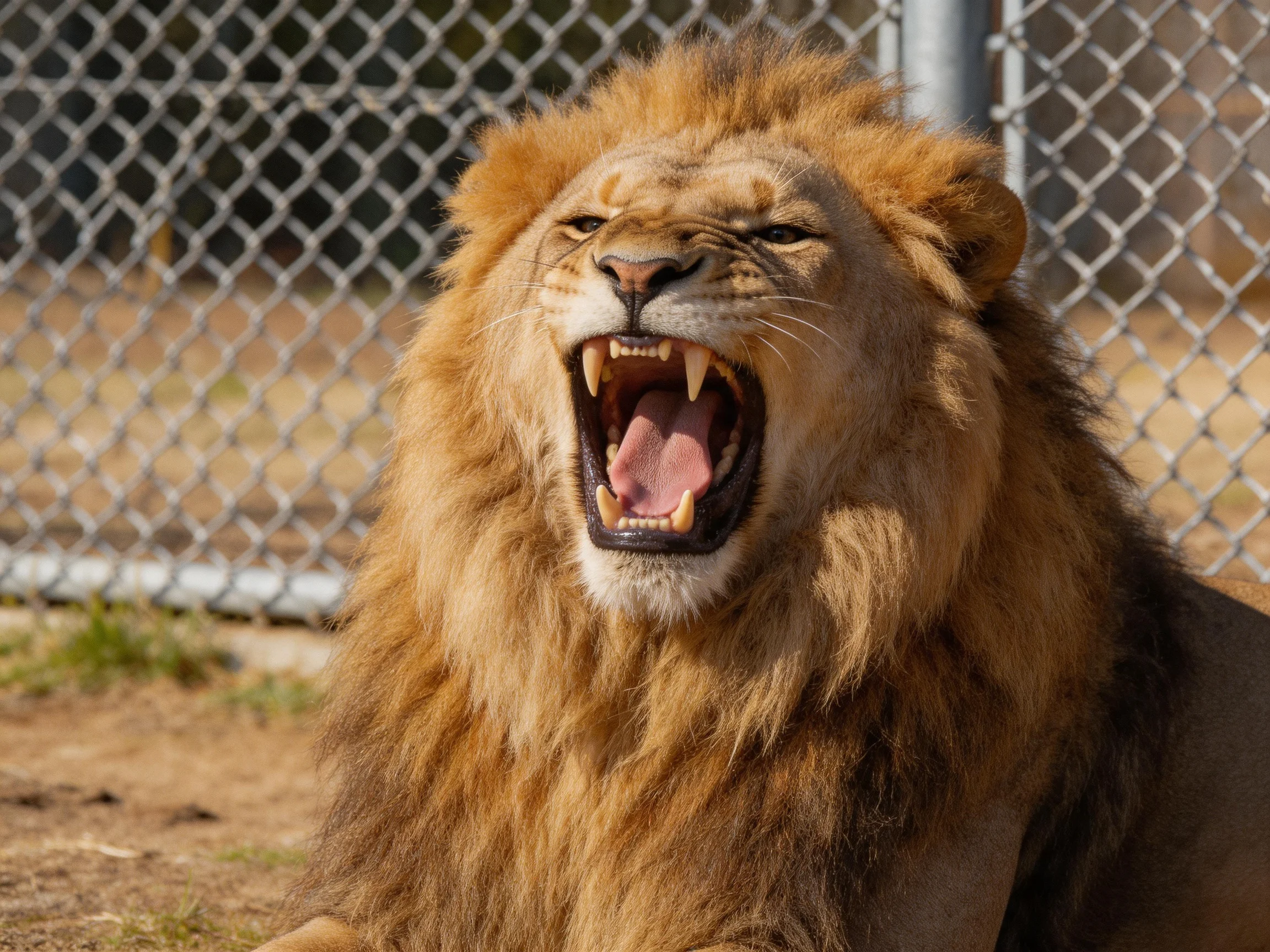 A robust male lion roars with golden-brown mane near chain-link fence