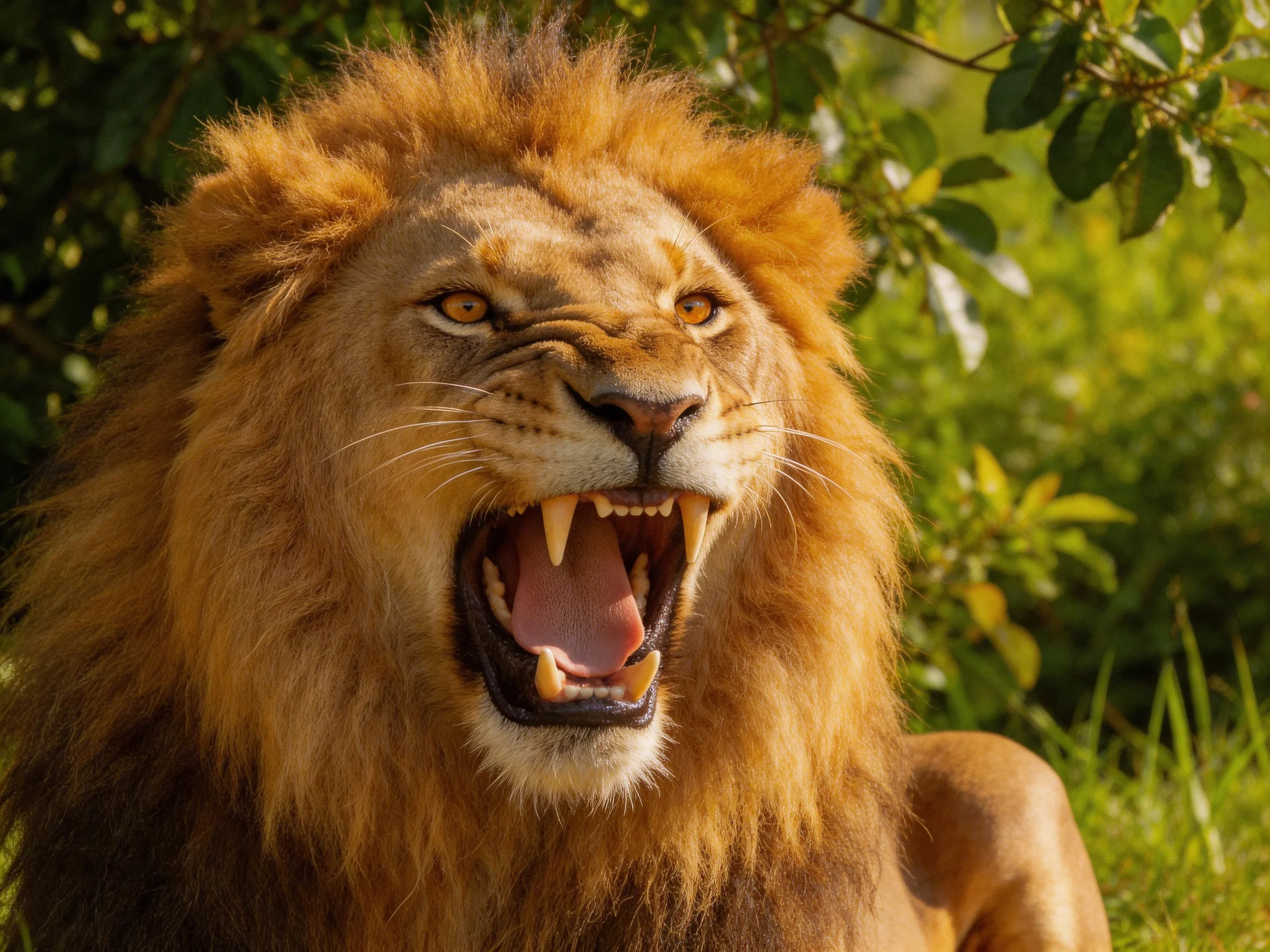A robust male lion roars with golden mane amid lush greenery