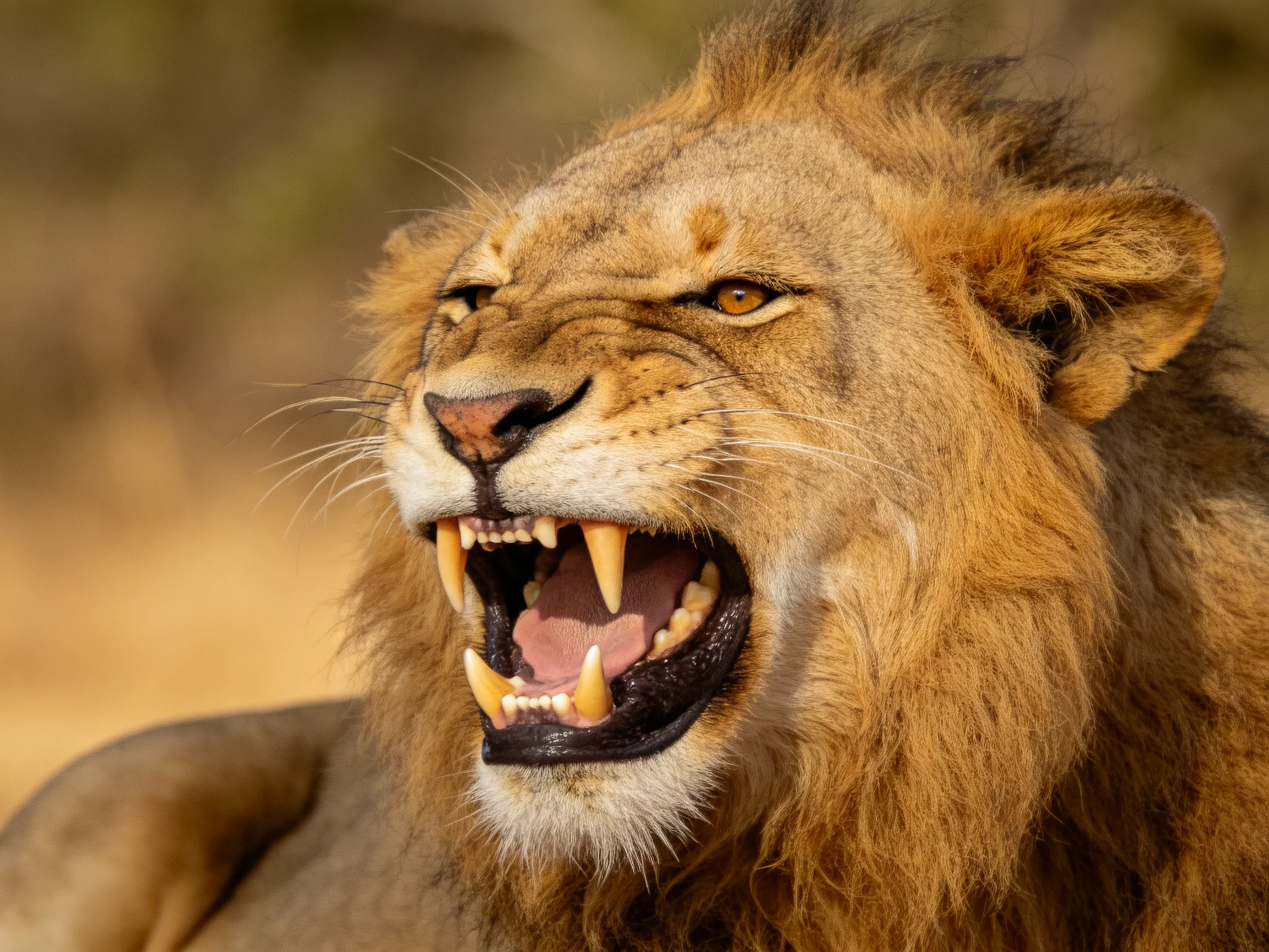 A robust male lion roars with golden mane and sharp fangs