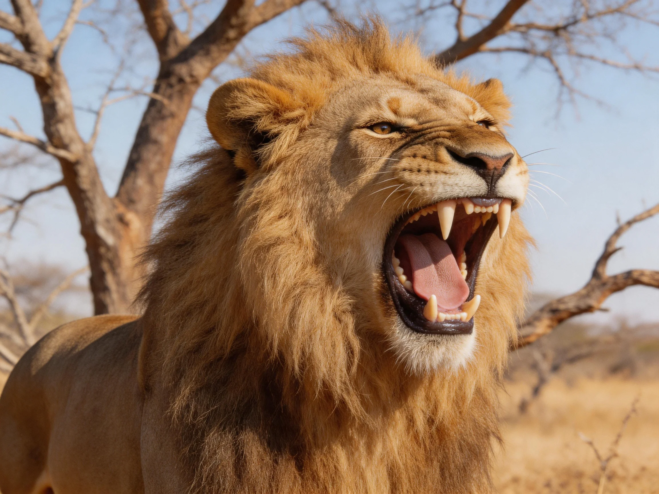 A robust male lion roars with prominent fangs near dry acacia trees