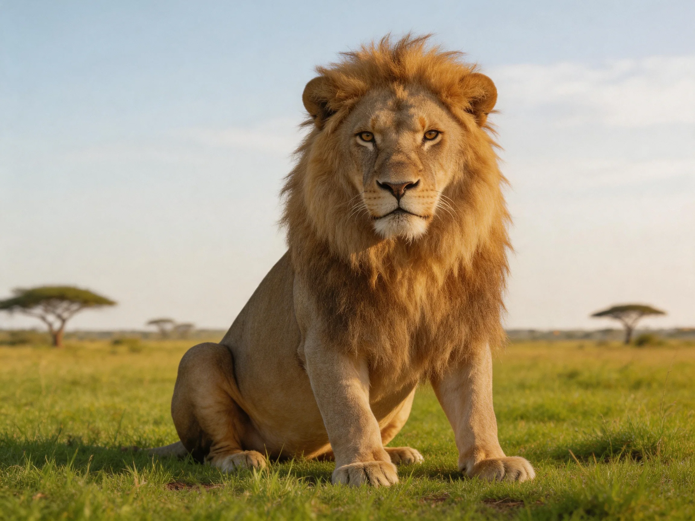 A robust male lion sits calmly in a sunlit savannah with distant trees