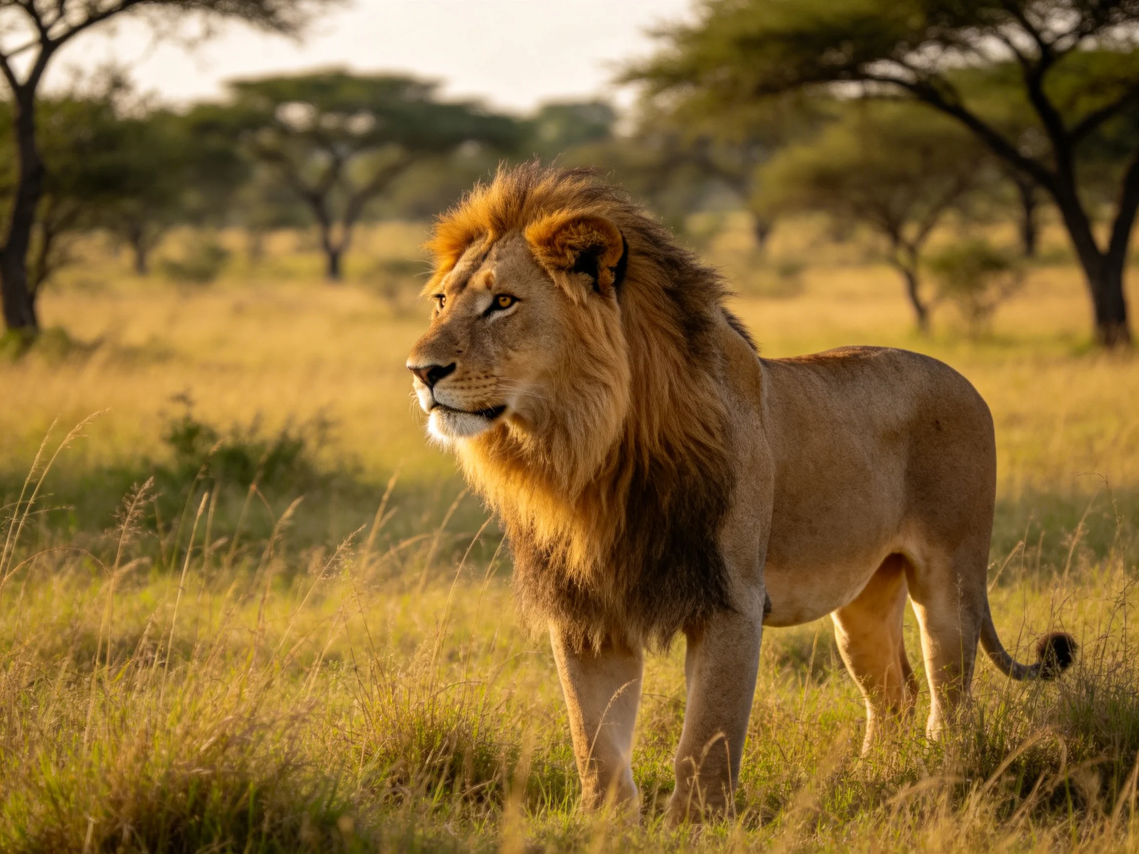 A lion stands alert among tall grasses in a sunlit savannah landscape.