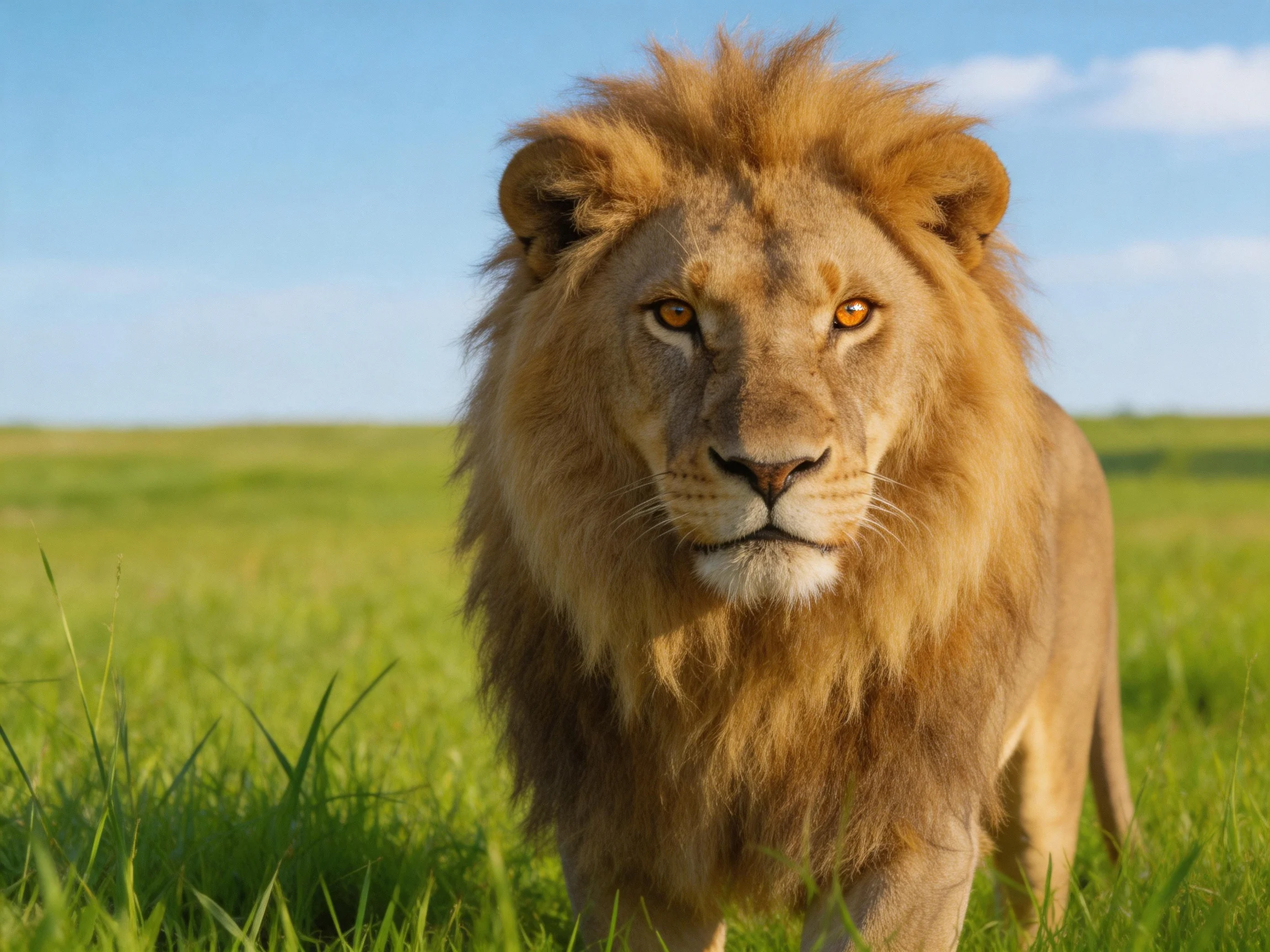 A robust male lion stands in a vast green savannah landscape
