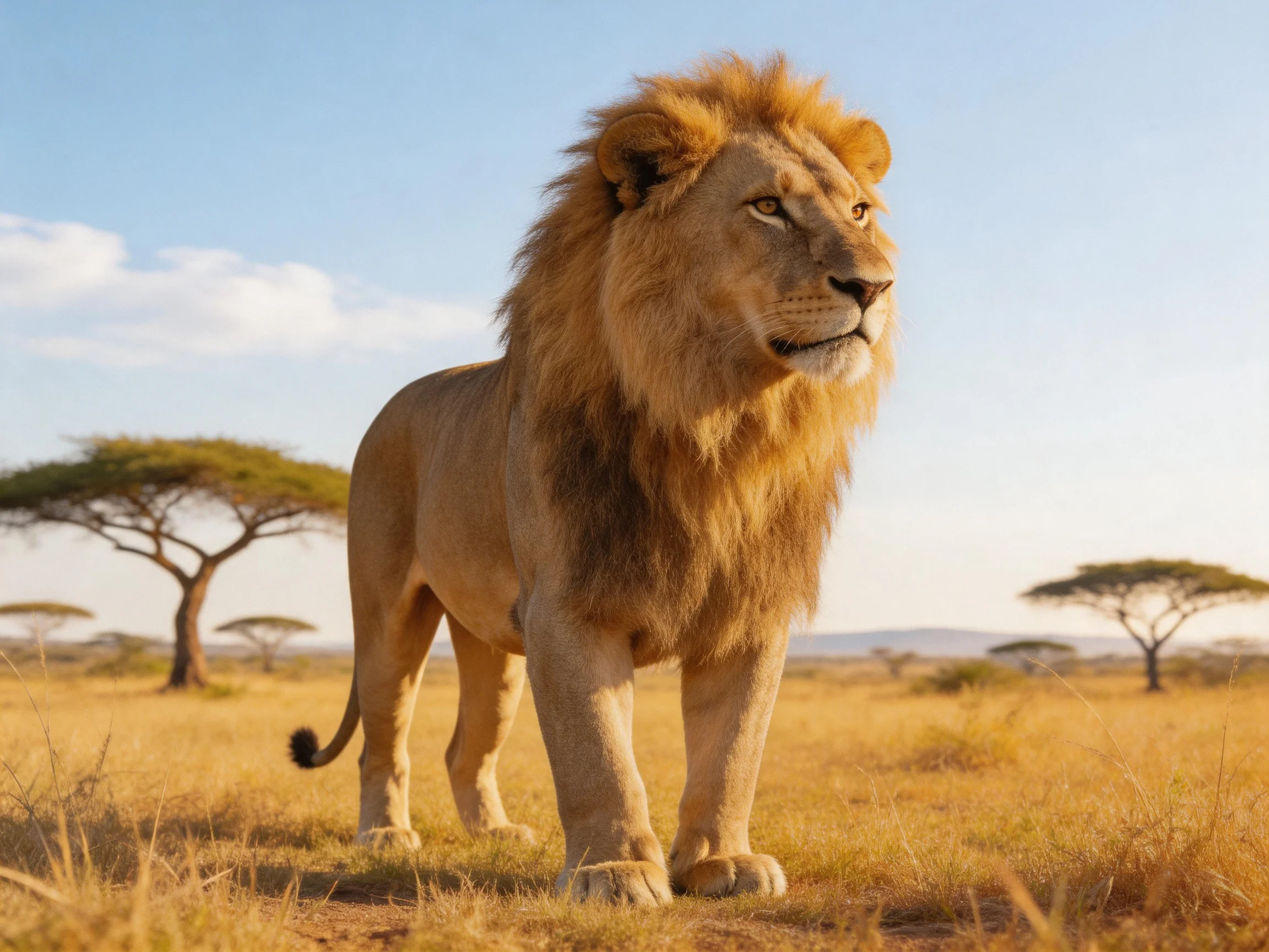 A robust male lion stands in the golden savannah near scattered acacia trees.