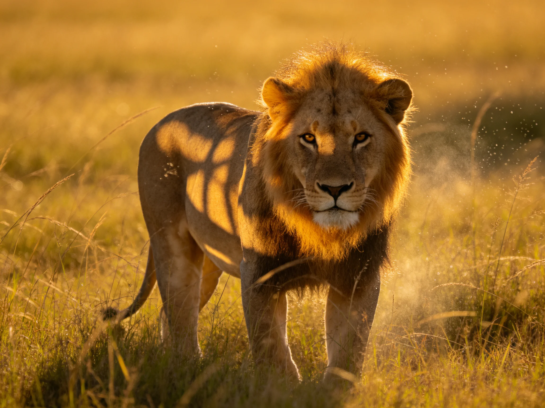 A robust male lion stands in sun-drenched savannah grass