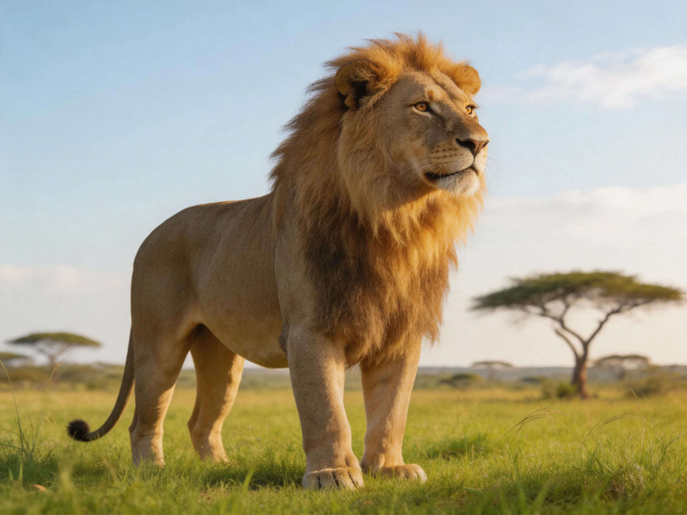 A male lion stands in an open savannah with scattered trees.