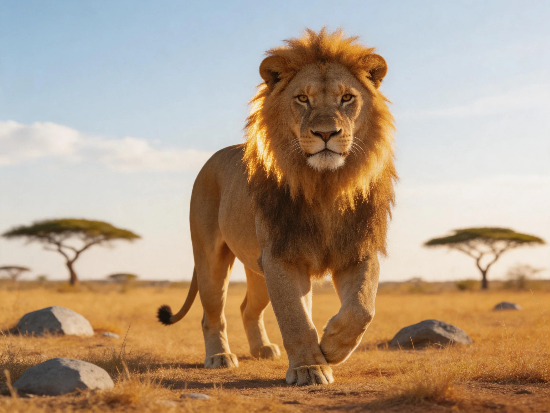 A robust male lion walks through a golden savannah with scattered rocks and acacia trees.