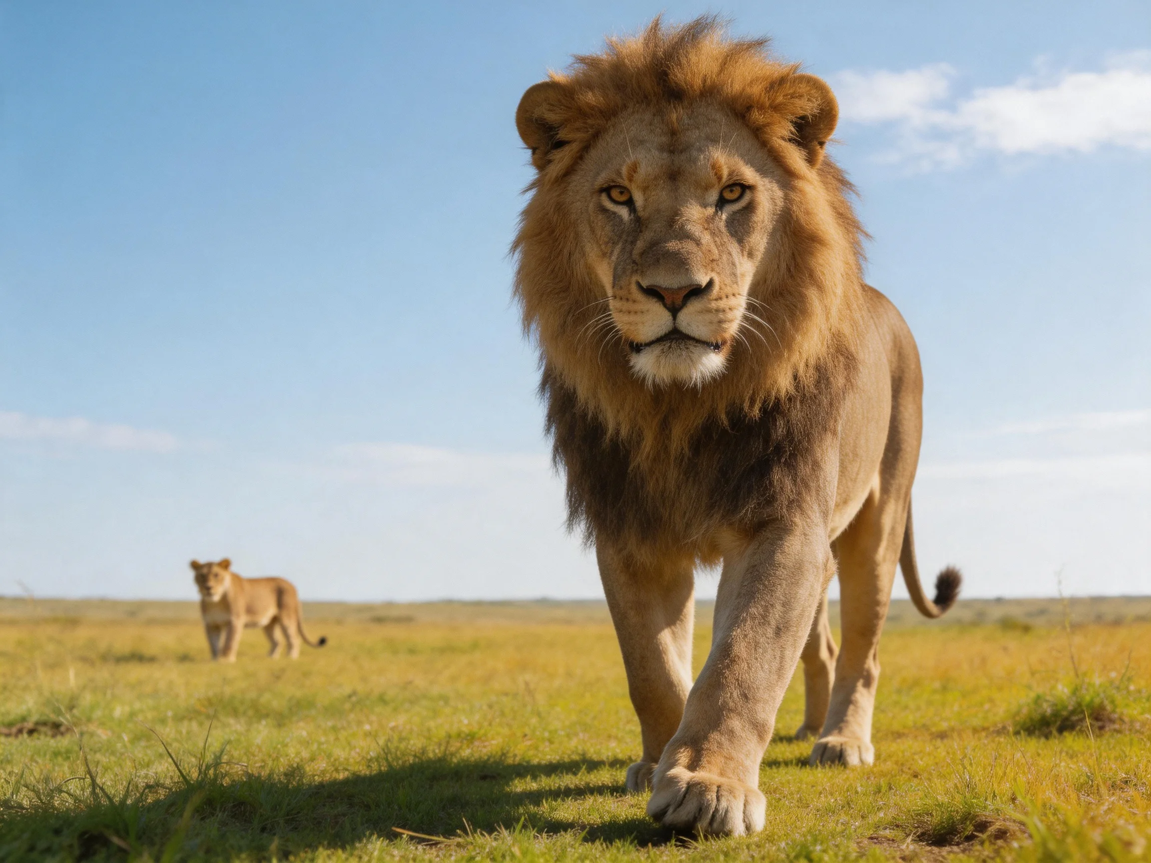 A male lion with a thick mane moves toward the camera, a lioness remains in the distance on the savannah