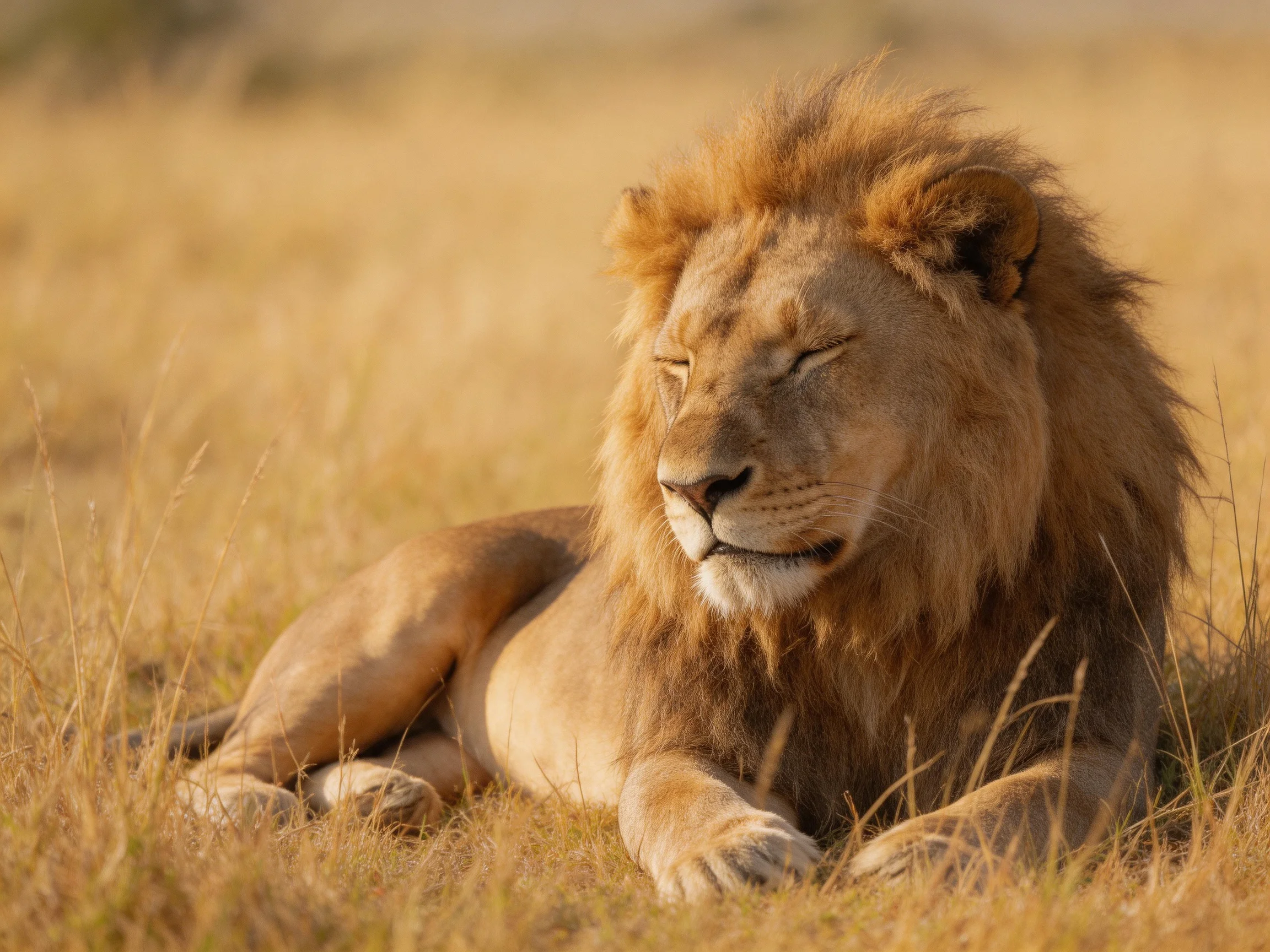 A male lion rests in golden savannah grass.