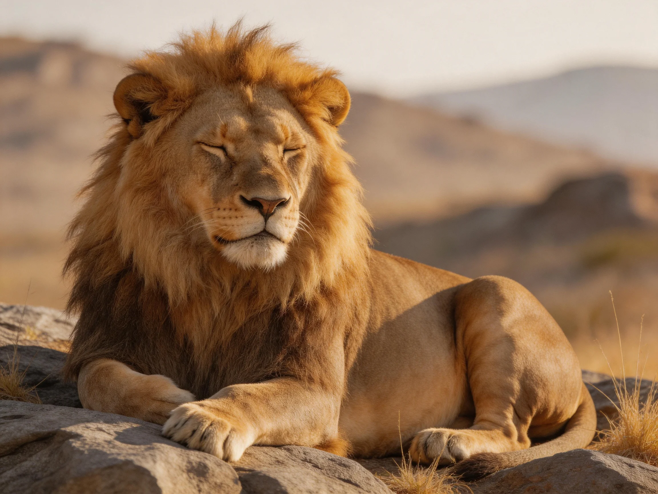 A robust male lion rests on rocky terrain in a sunlit savannah