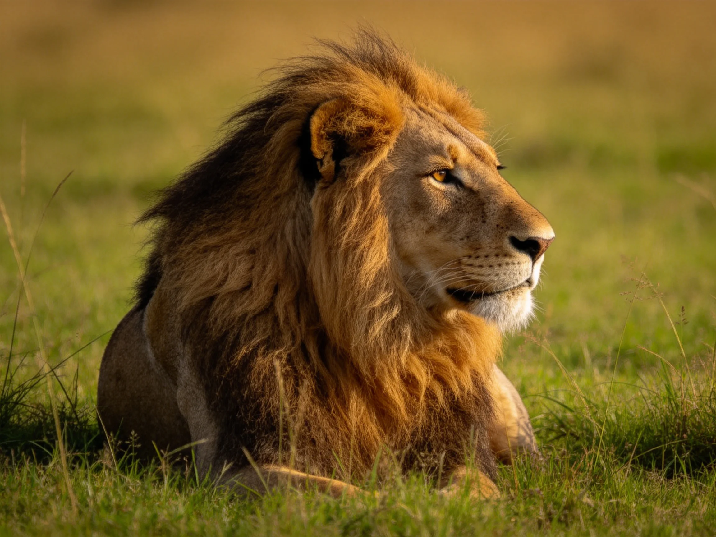 A robust male lion with a thick mane rests in sunlit savannah grass.