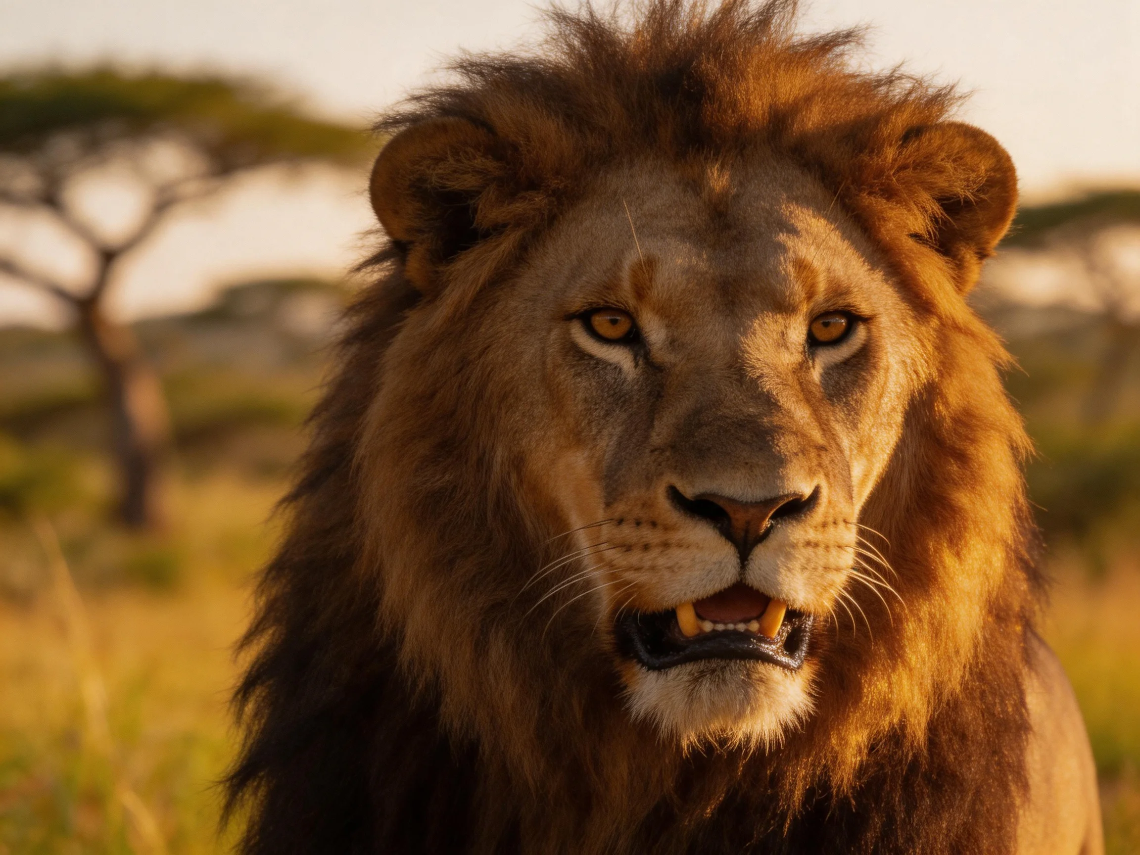 A robust male lion stands in a sunlit savannah landscape.