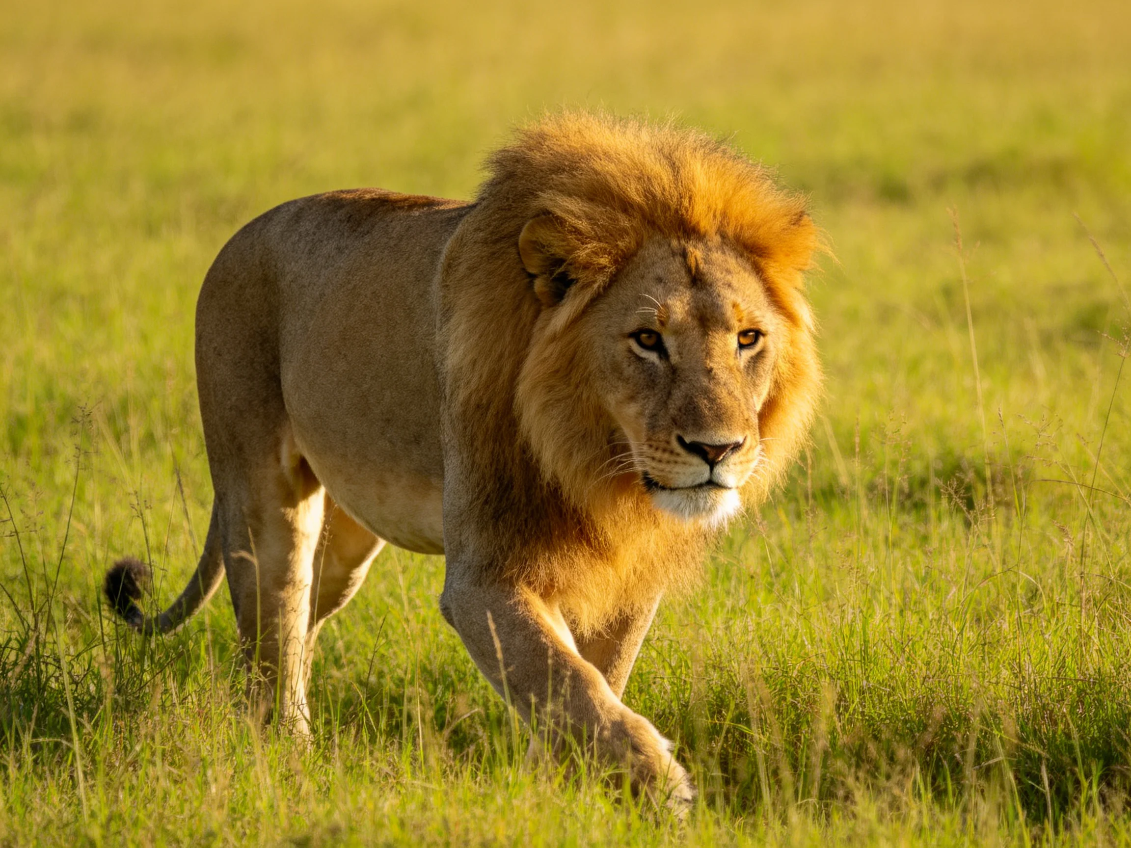 A robust male lion with golden mane roams sunlit grassland.