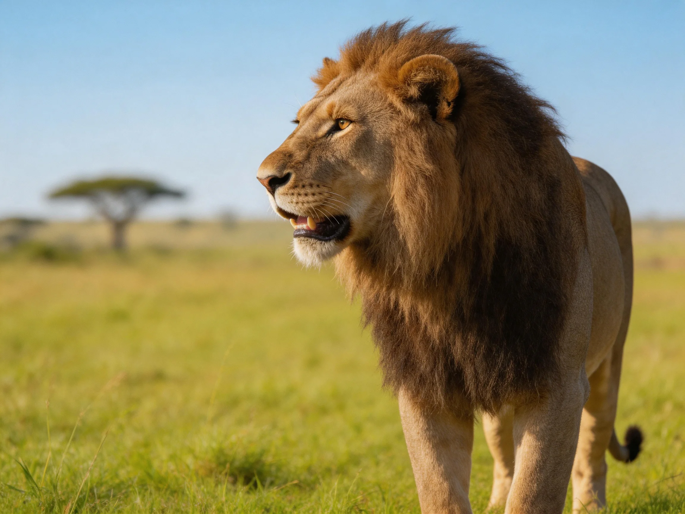 A lion roams a sunlit savannah with distant trees.