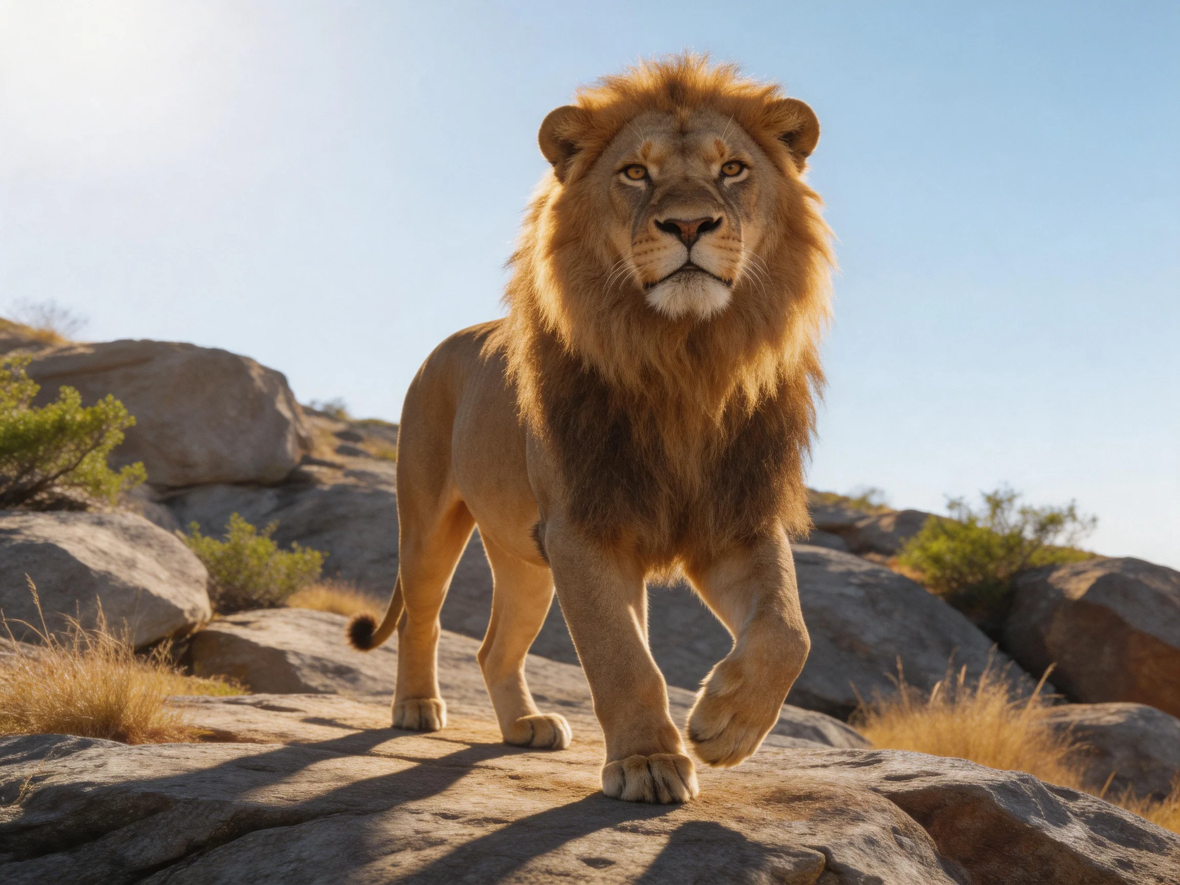 A robust male lion walks confidently on rocky terrain in a sunny setting.