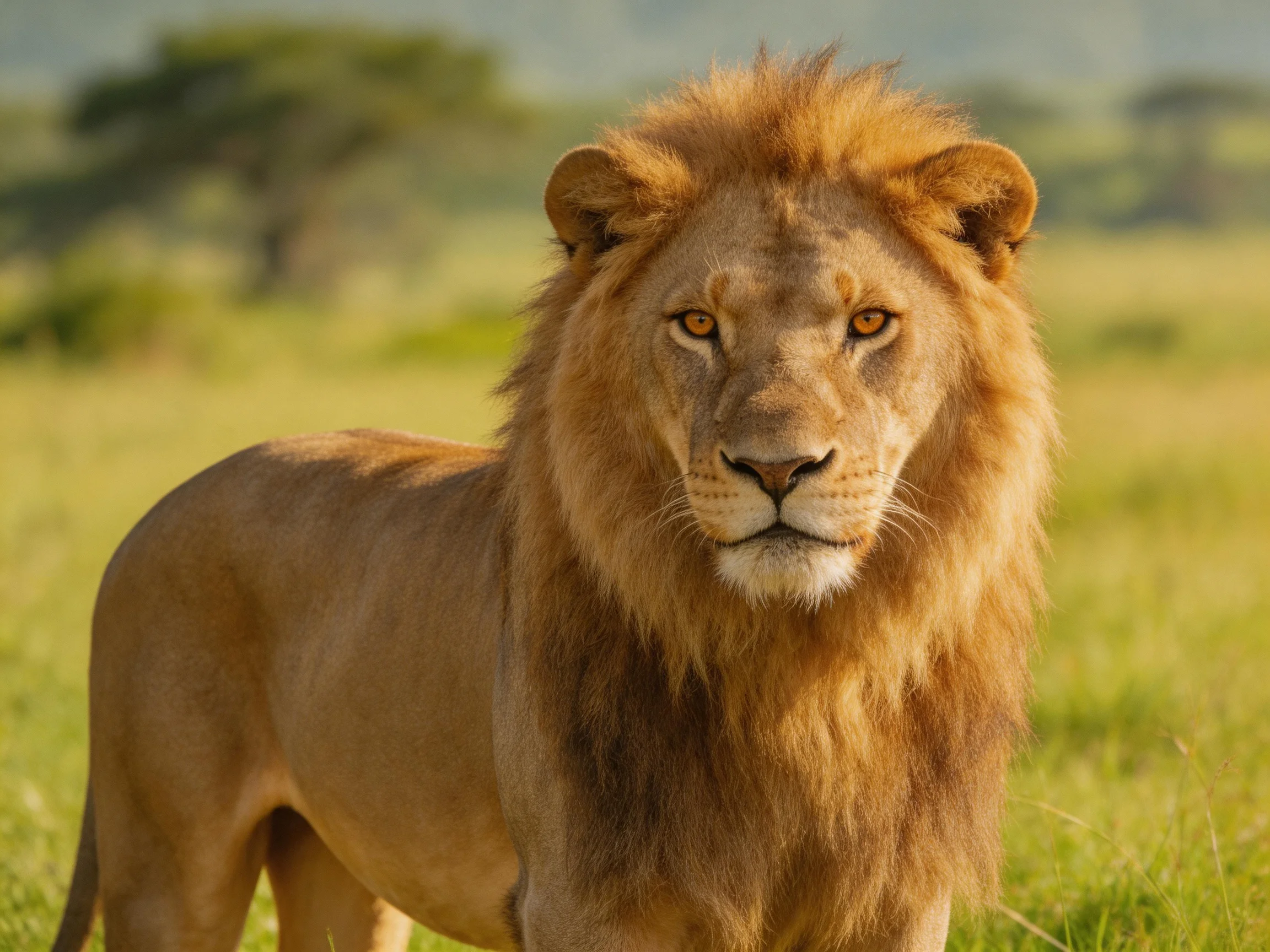 A lion stands alert in a sunlit savannah.