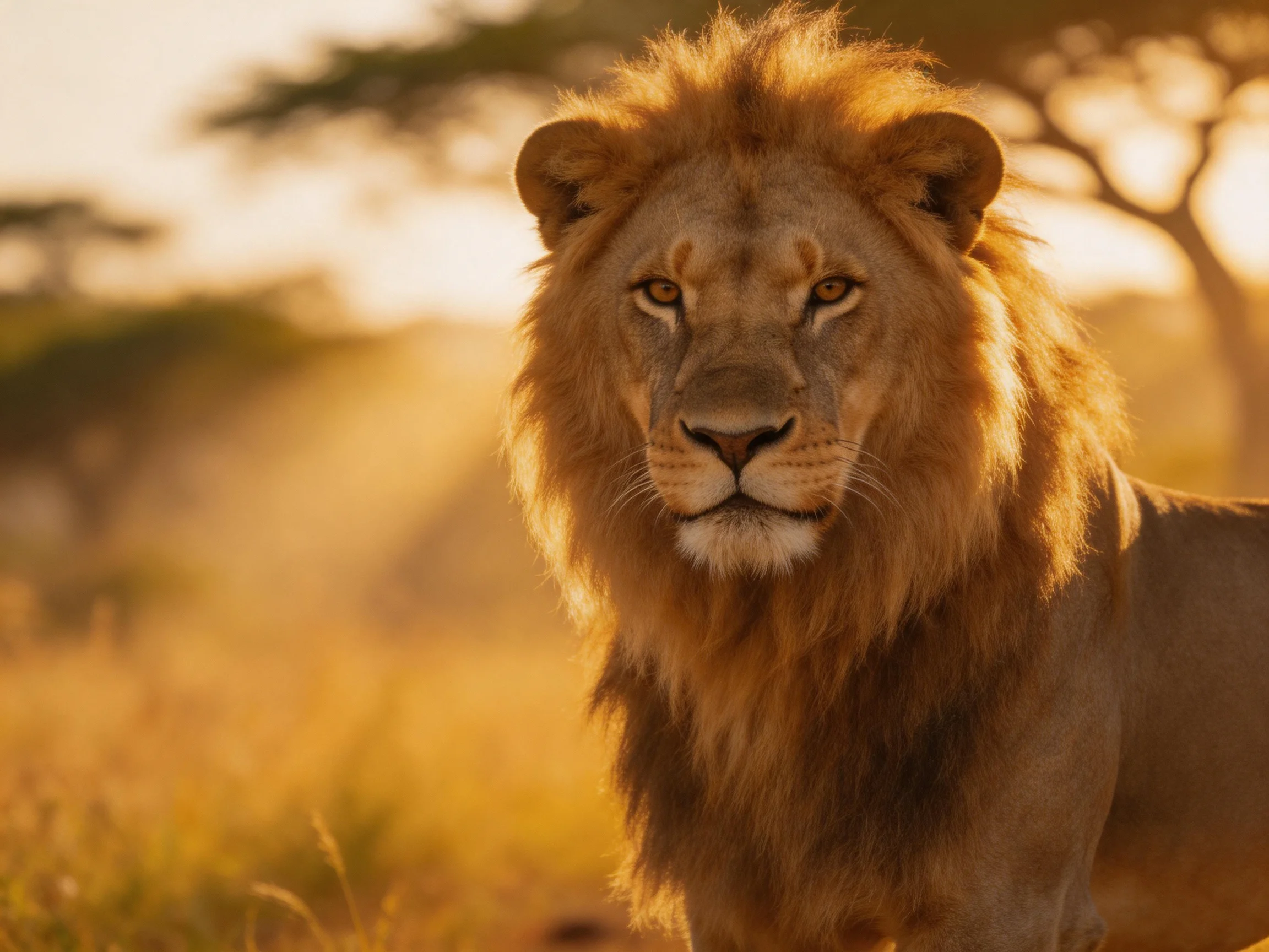 A robust male lion stands in sunlit savannah with an intense gaze.