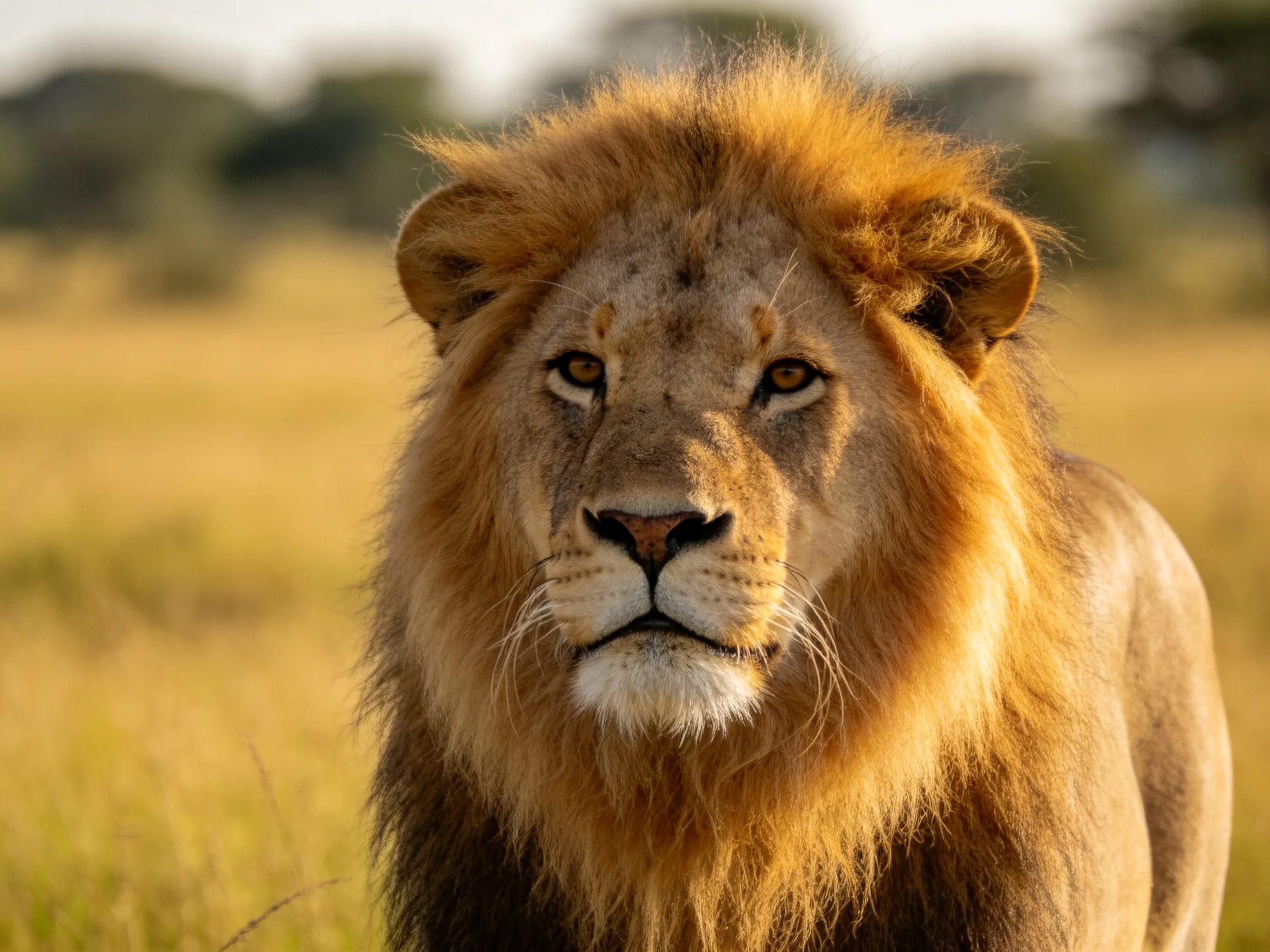 A robust male lion stands in a sunlit savannah landscape.