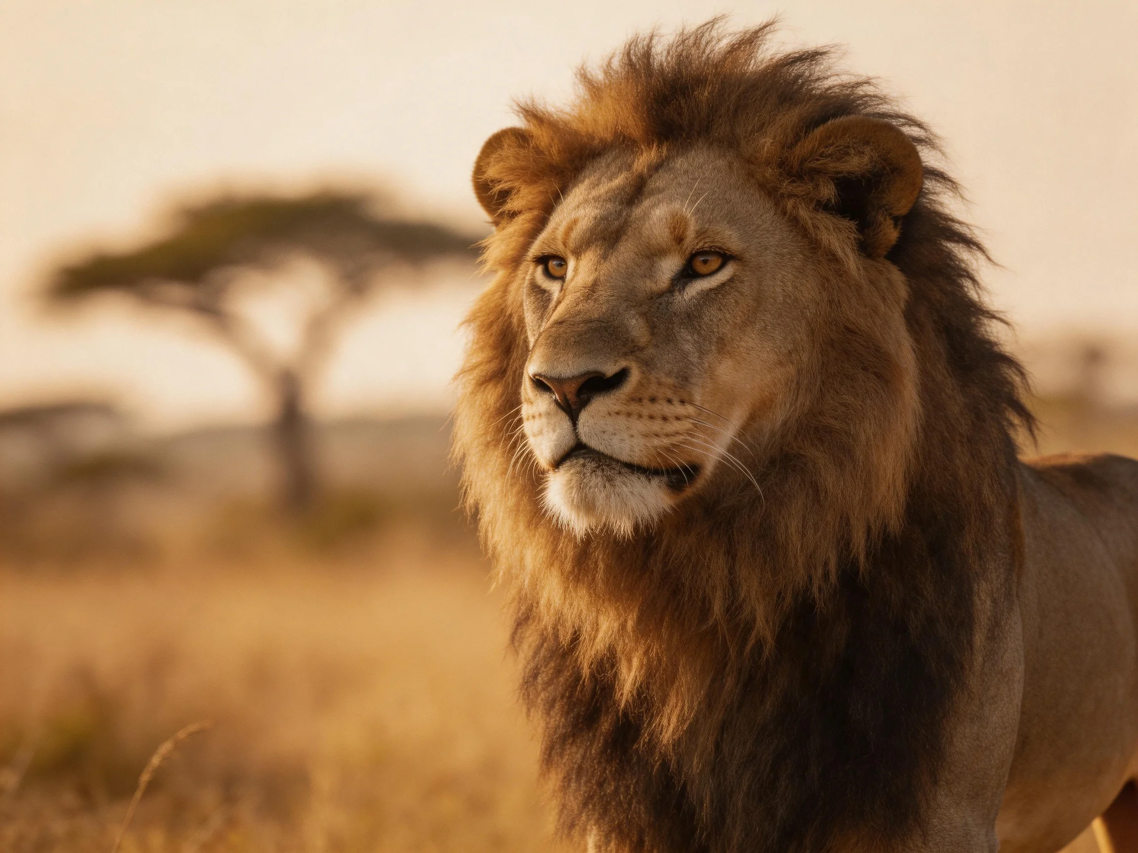 A robust male lion stands in a sunlit savannah near an acacia tree.