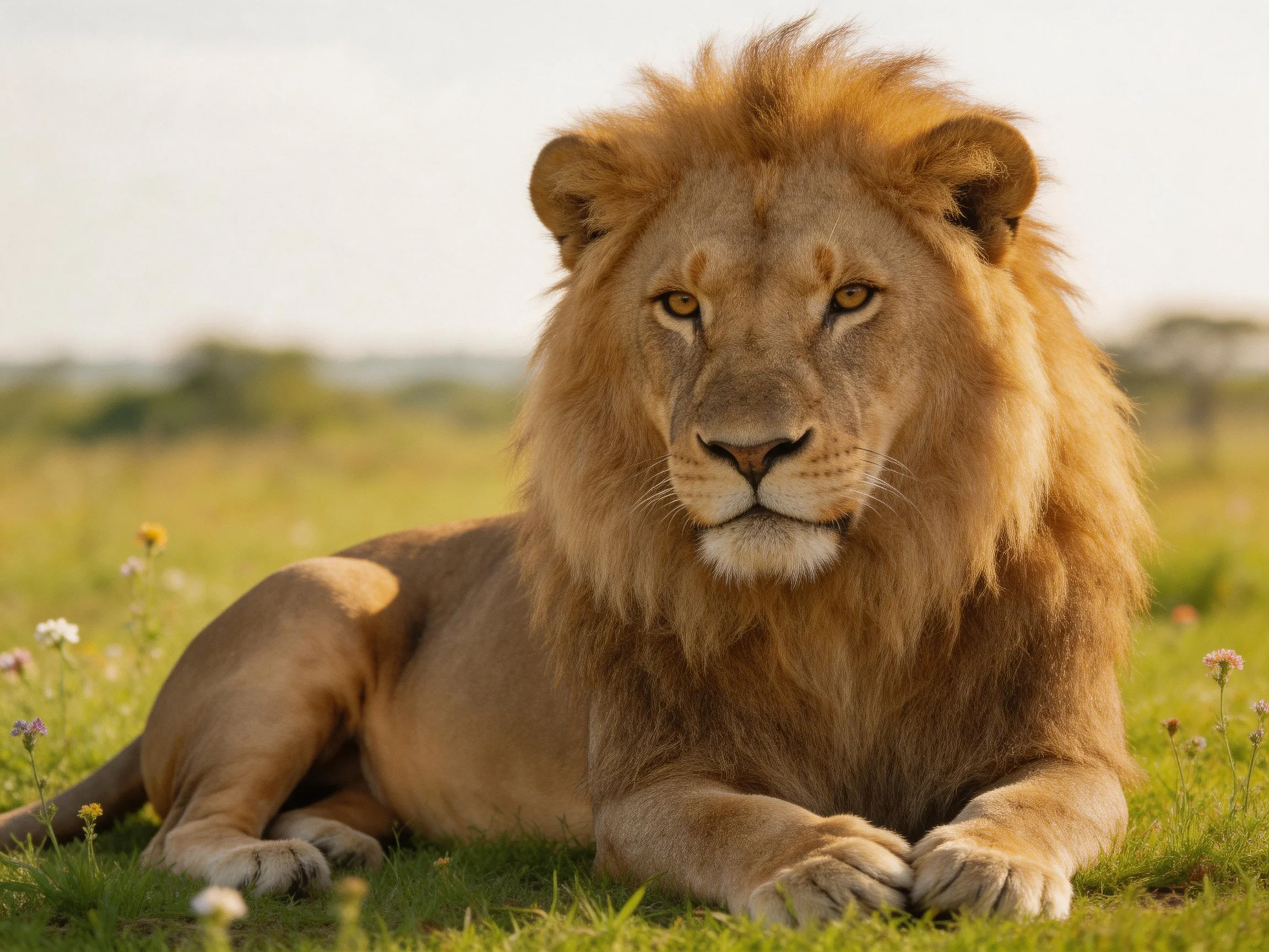 A tan lion rests calmly in a sunlit grassy field.