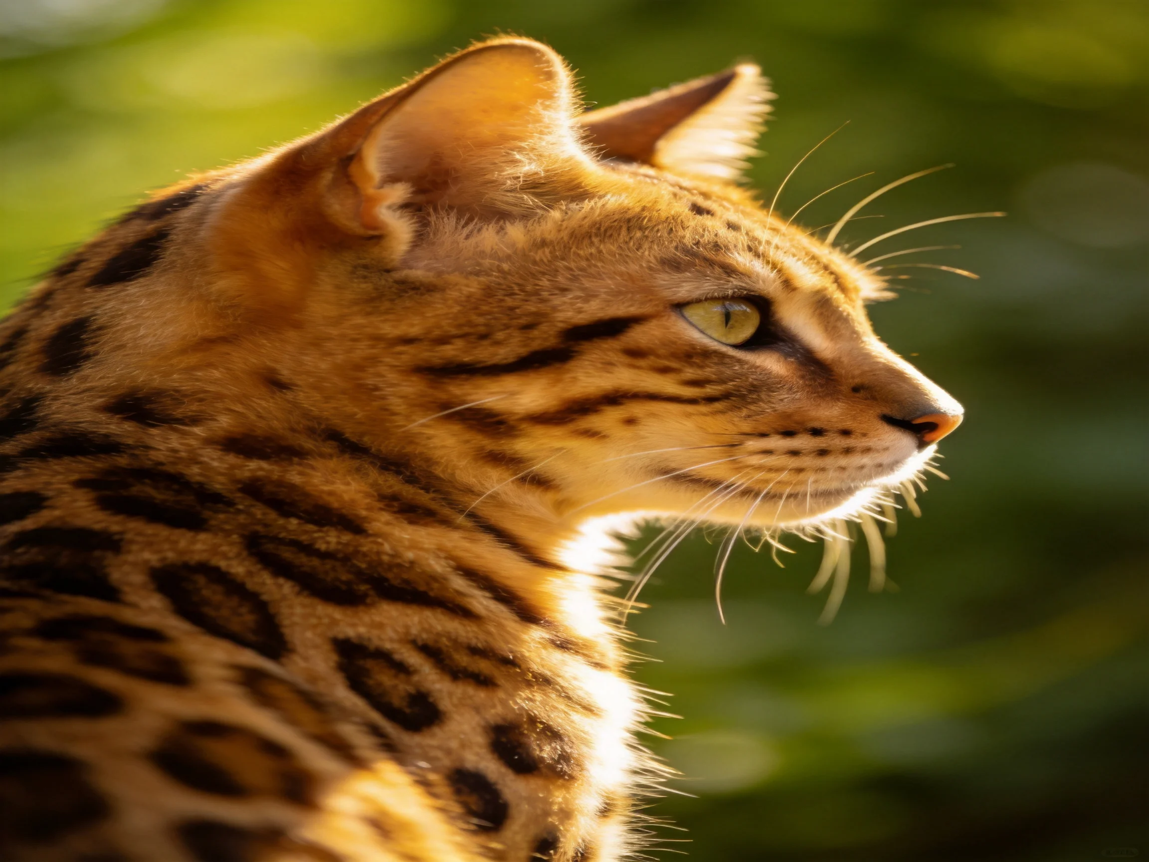 A savannah cat with golden-spotted fur under warm sunlight