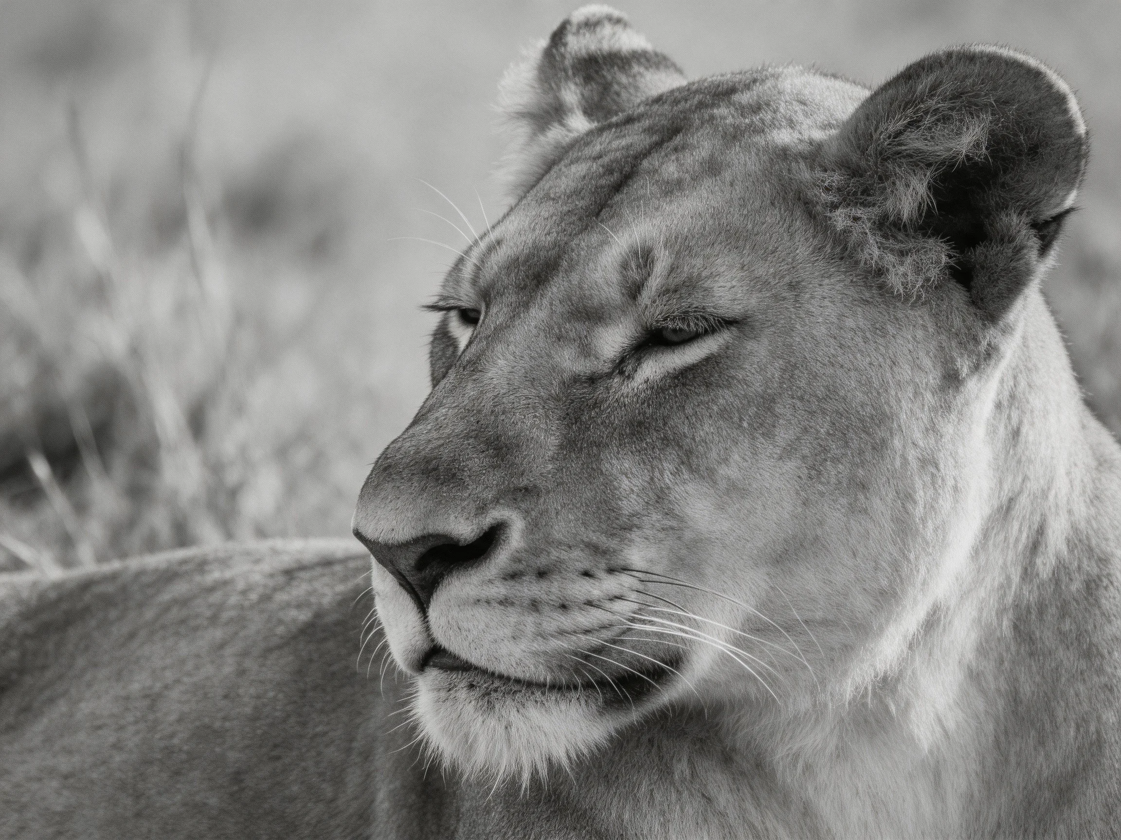 A close-up of a calm lioness resting with eyes partially closed