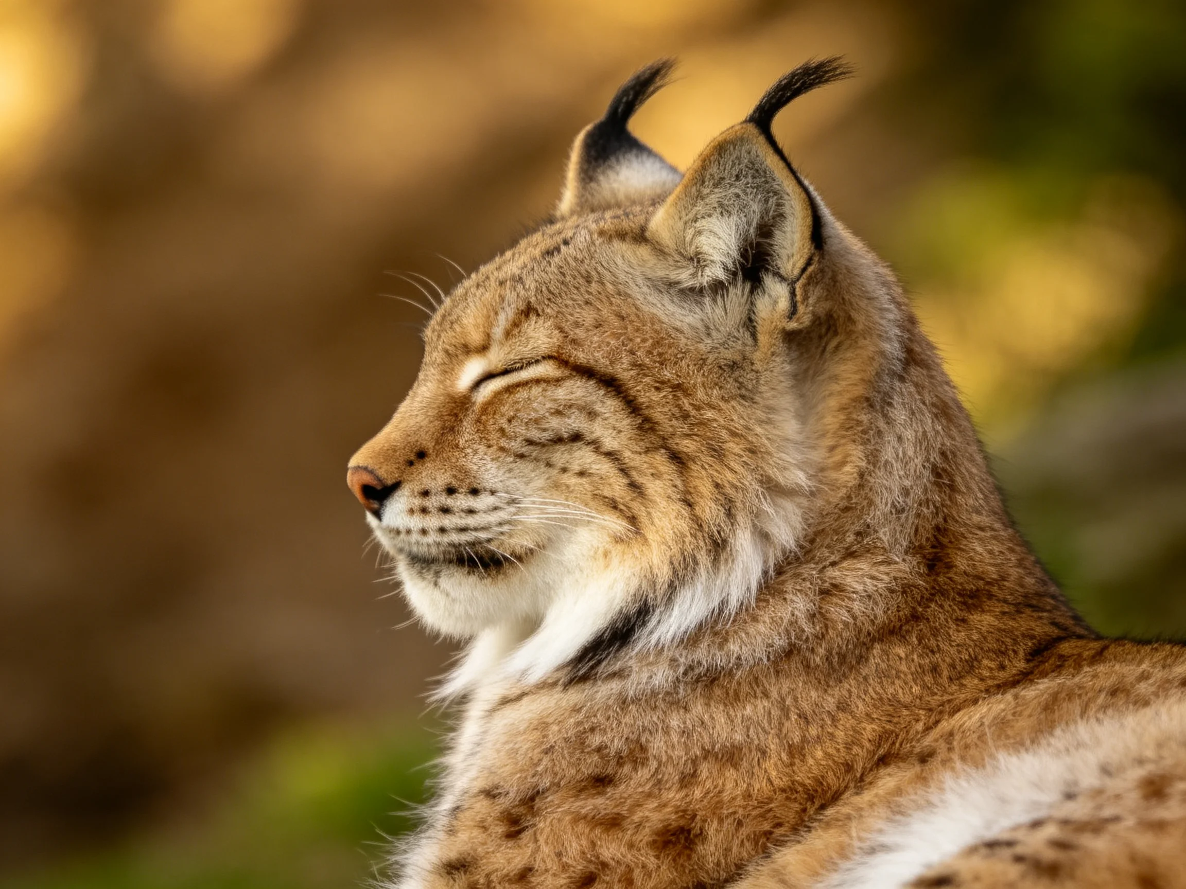 A serene lynx rests peacefully in a sunlit forest setting.