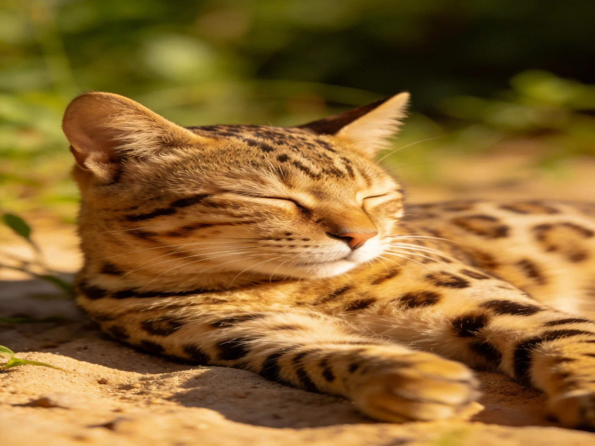 A savannah cat relaxes on sandy ground in bright sunlight