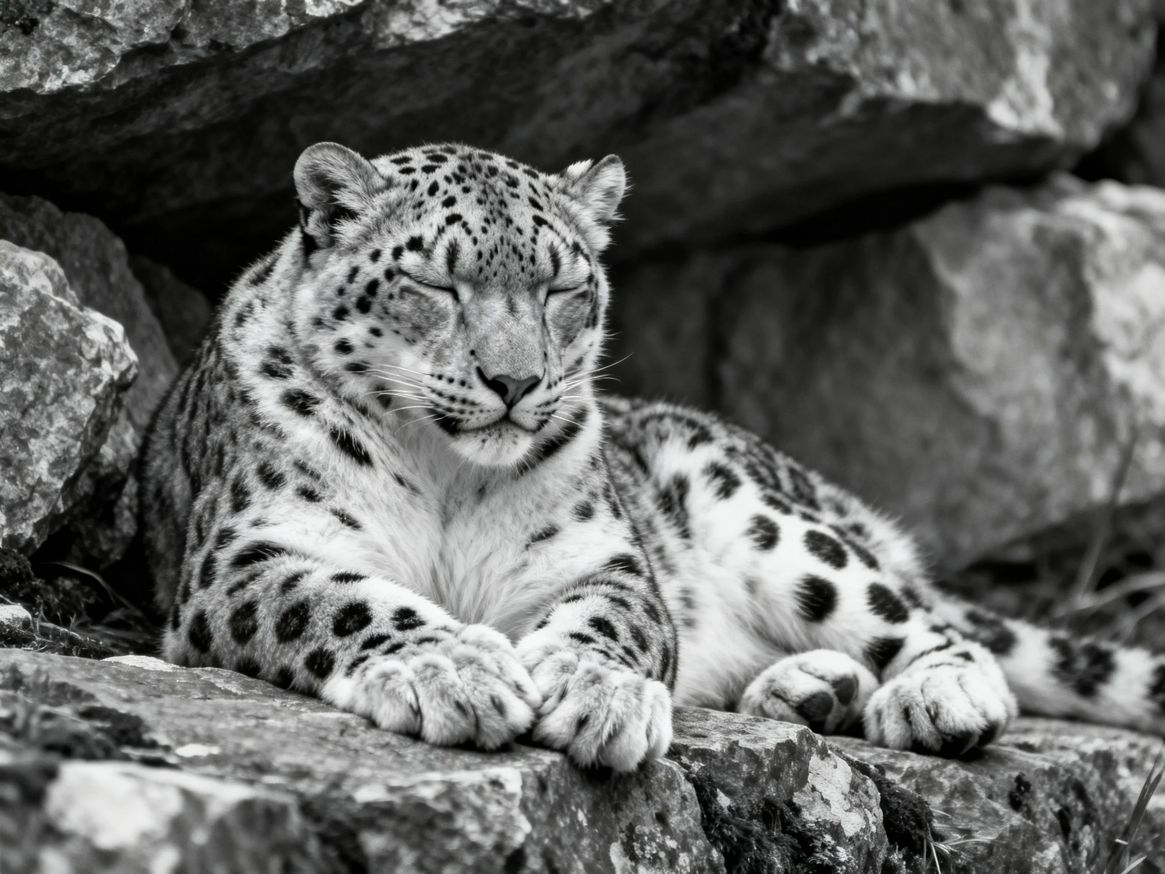 A snow leopard relaxes peacefully among rocks.