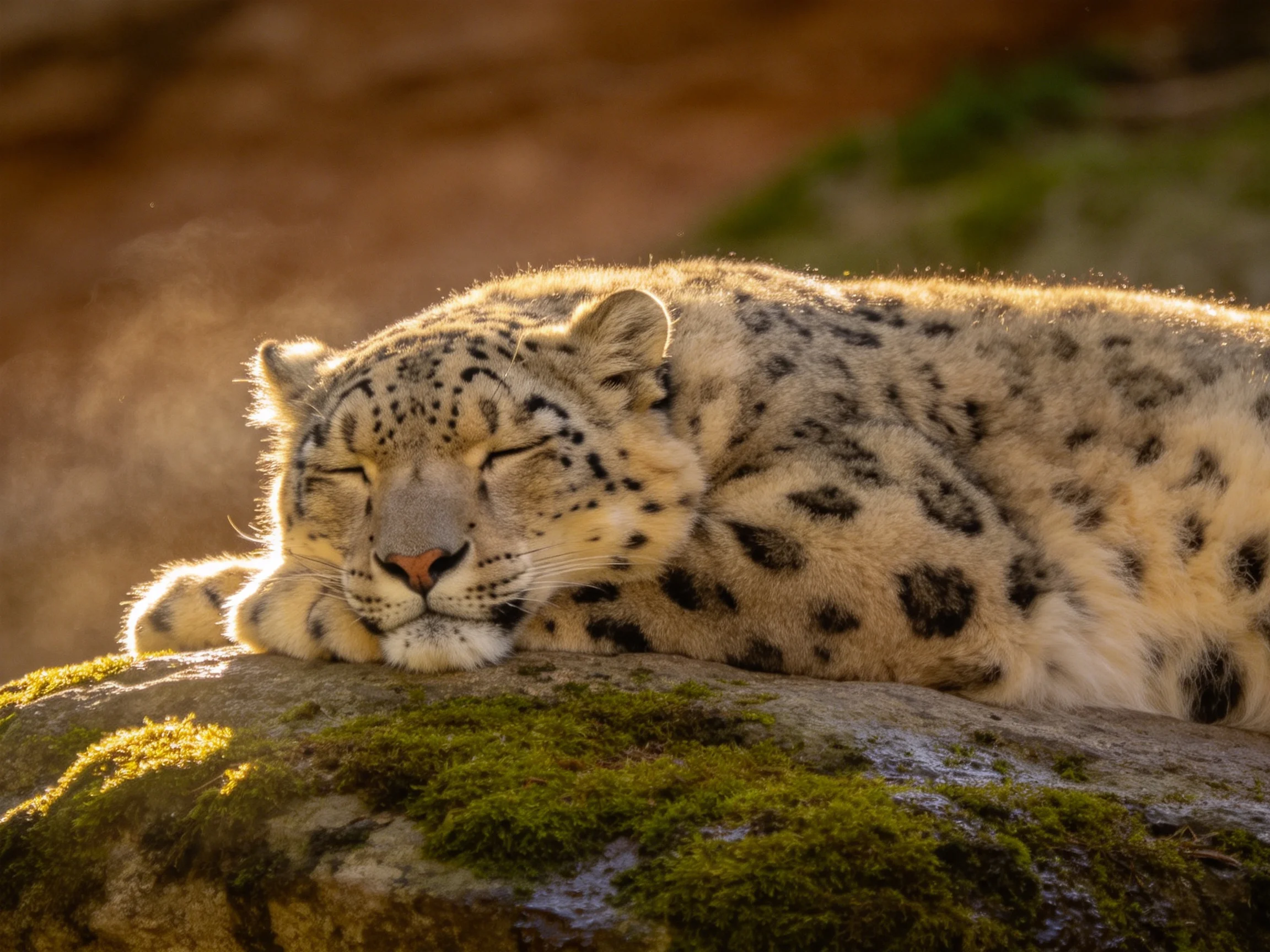 A snow leopard sleeps peacefully on a mossy rock under warm sunlight.