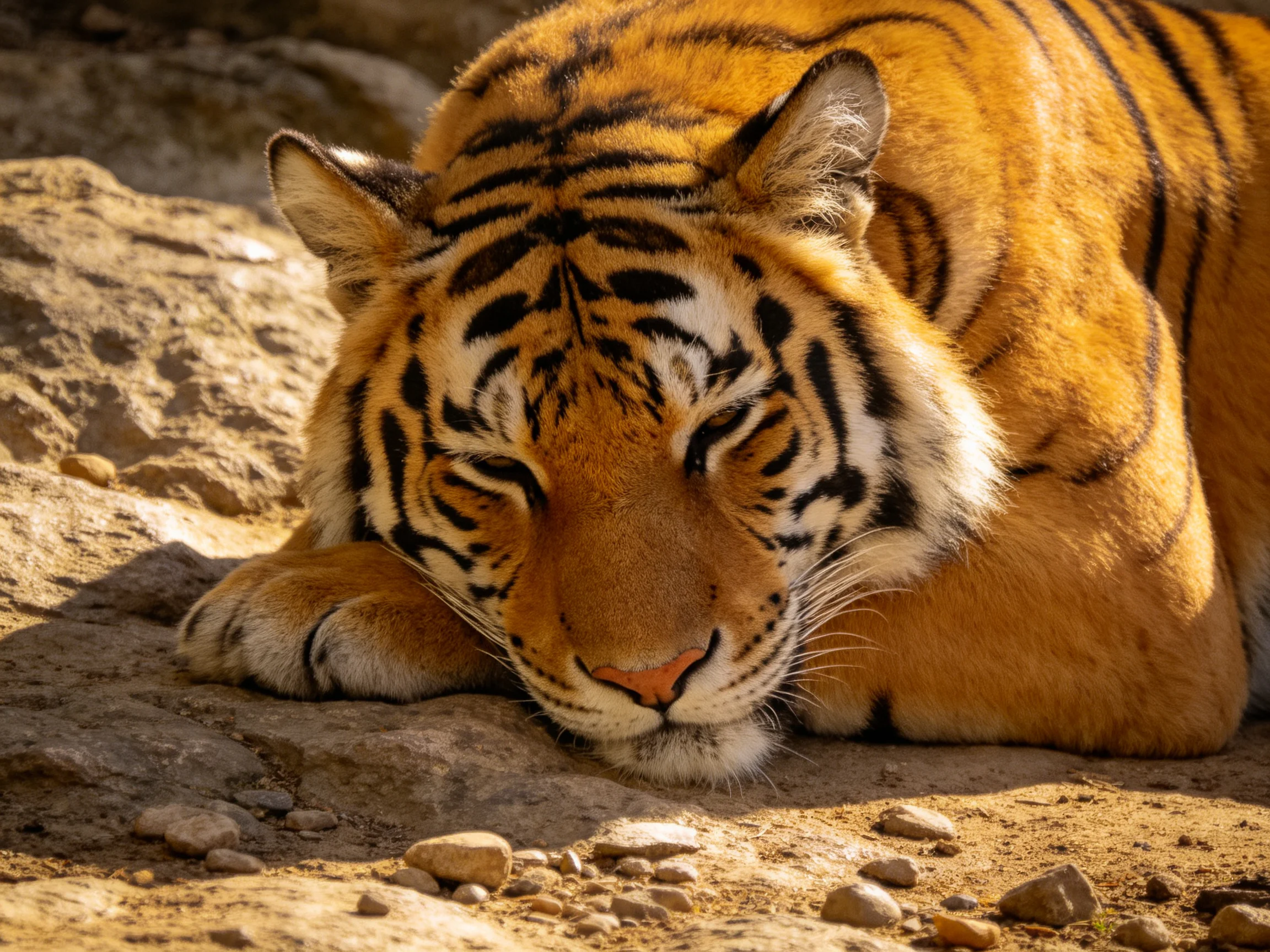 A tiger with striking orange and black stripes rests peacefully on rocky ground.
