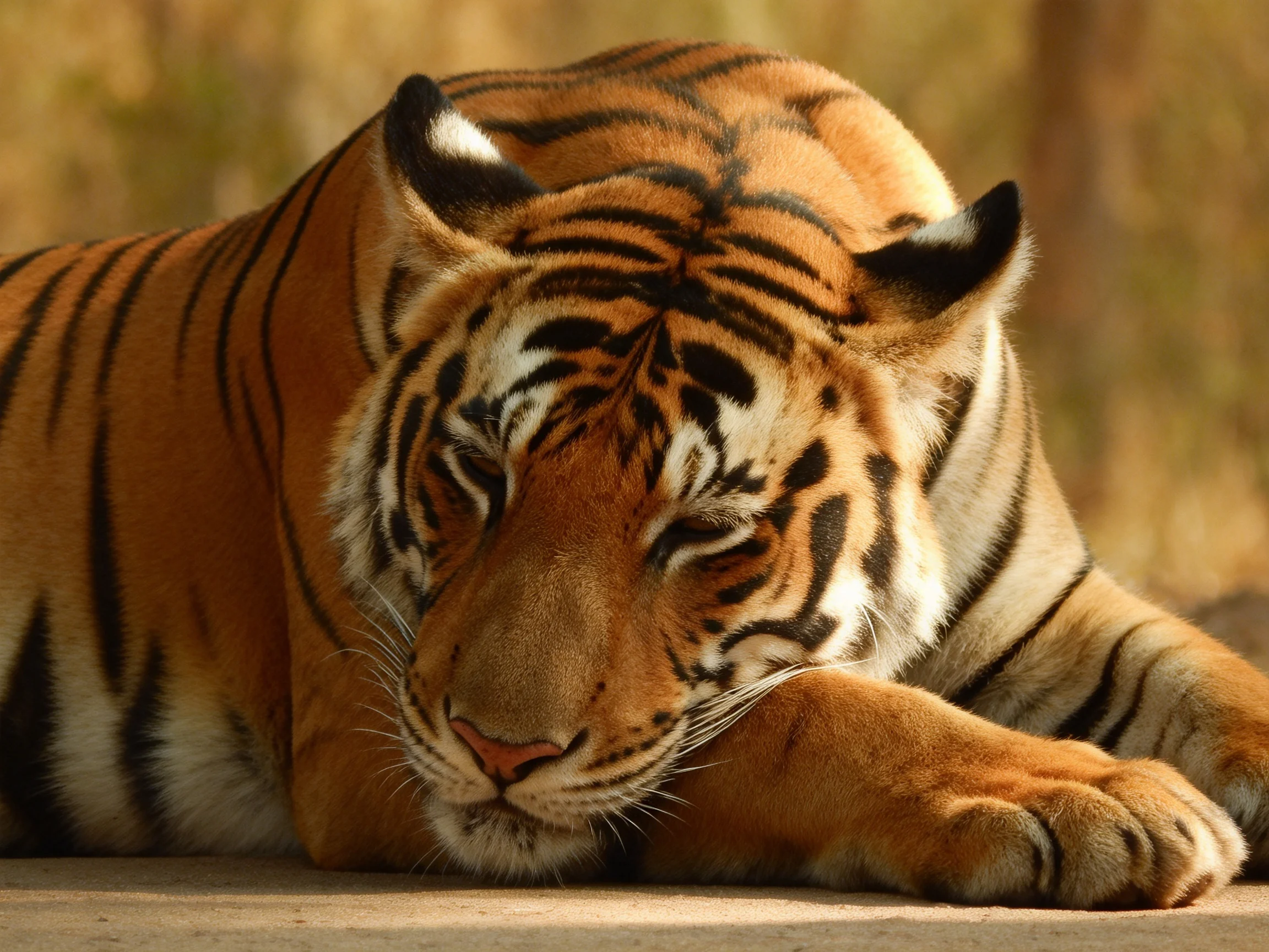 A tiger rests peacefully with closed eyes in a sunlit setting.