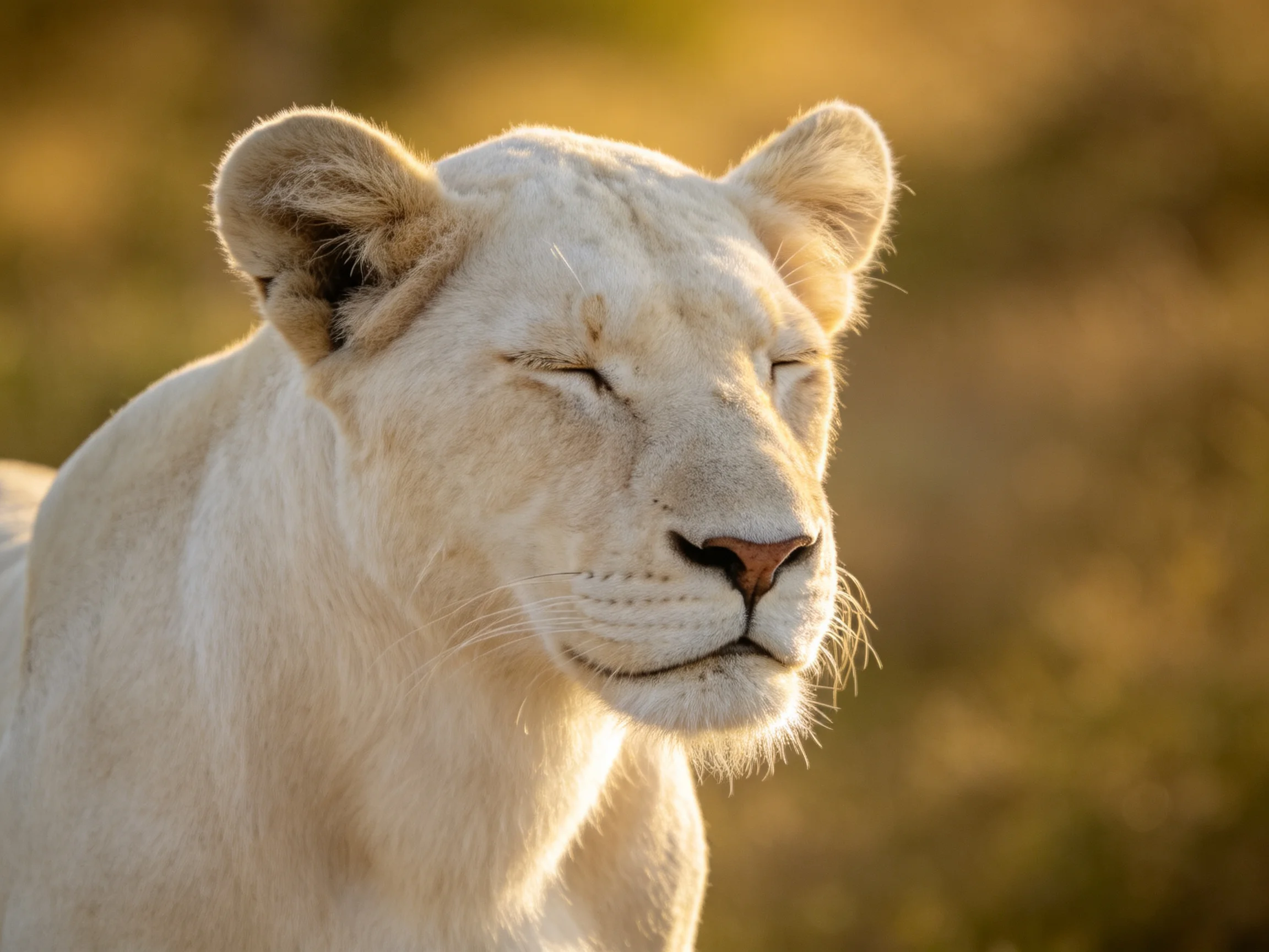 A white lioness relaxes with closed eyes in a sunlit savannah.