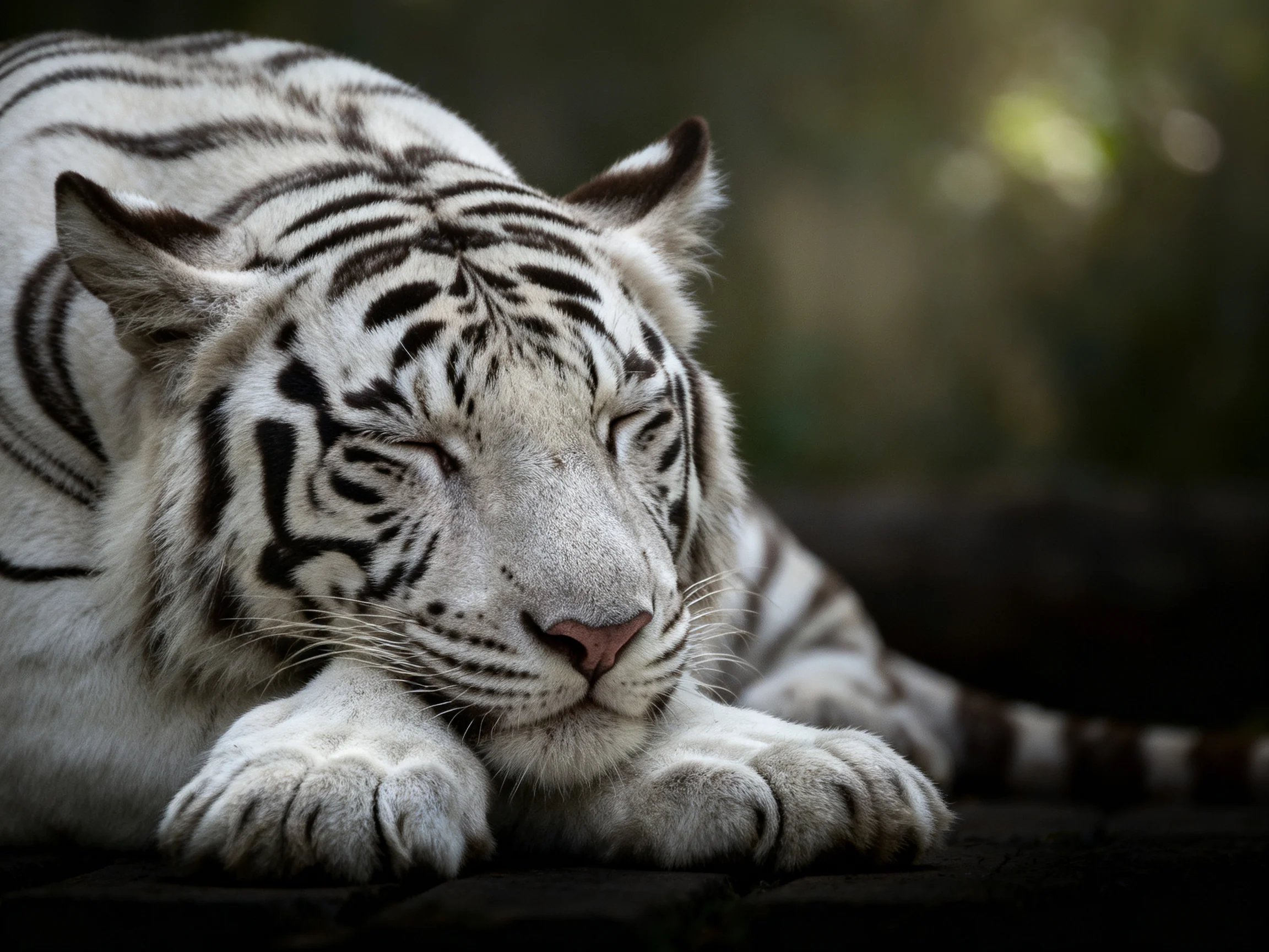 A white tiger with black stripes rests peacefully on dark ground.