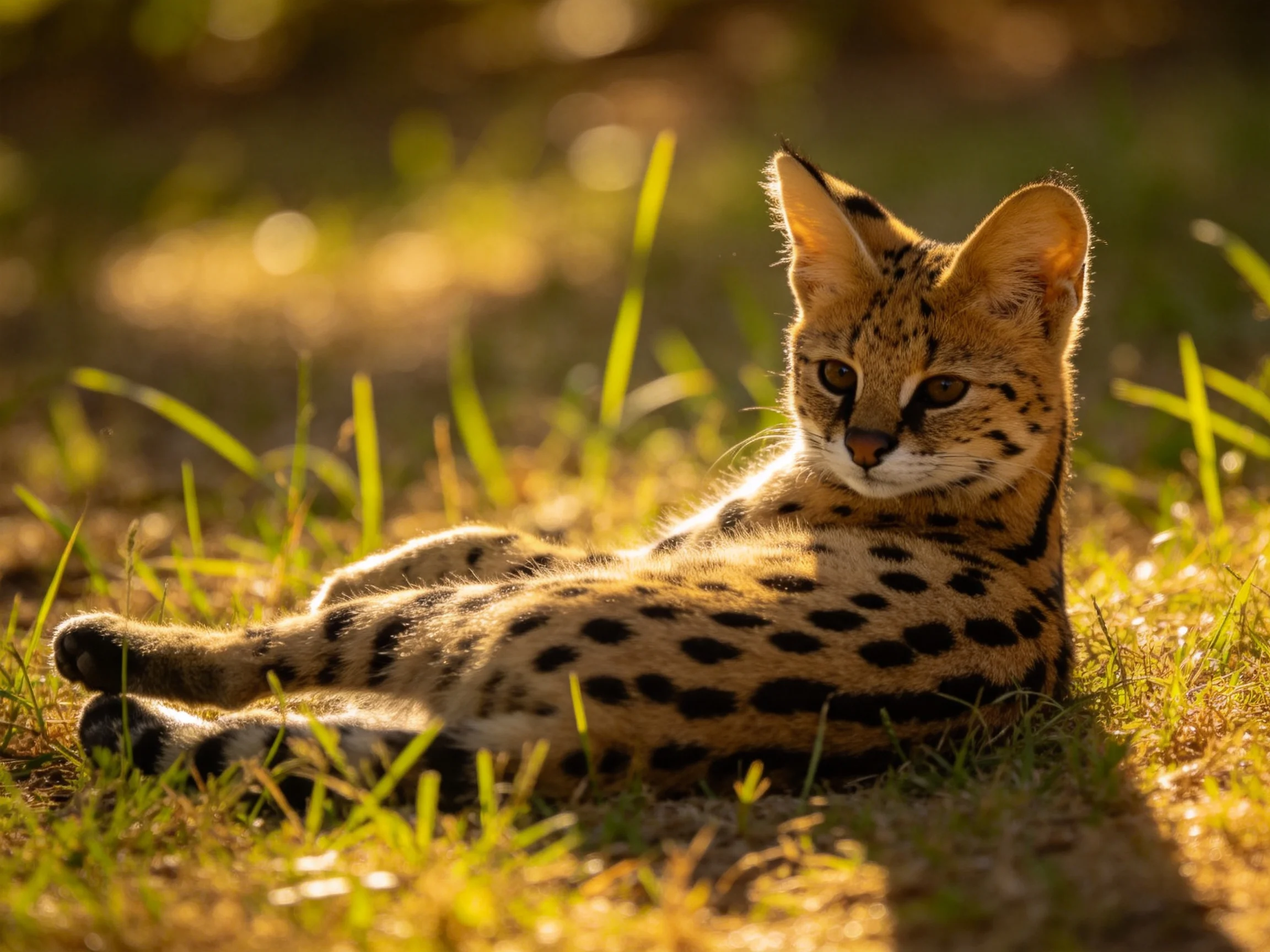 A serval rests on sun-dappled grass with golden lighting