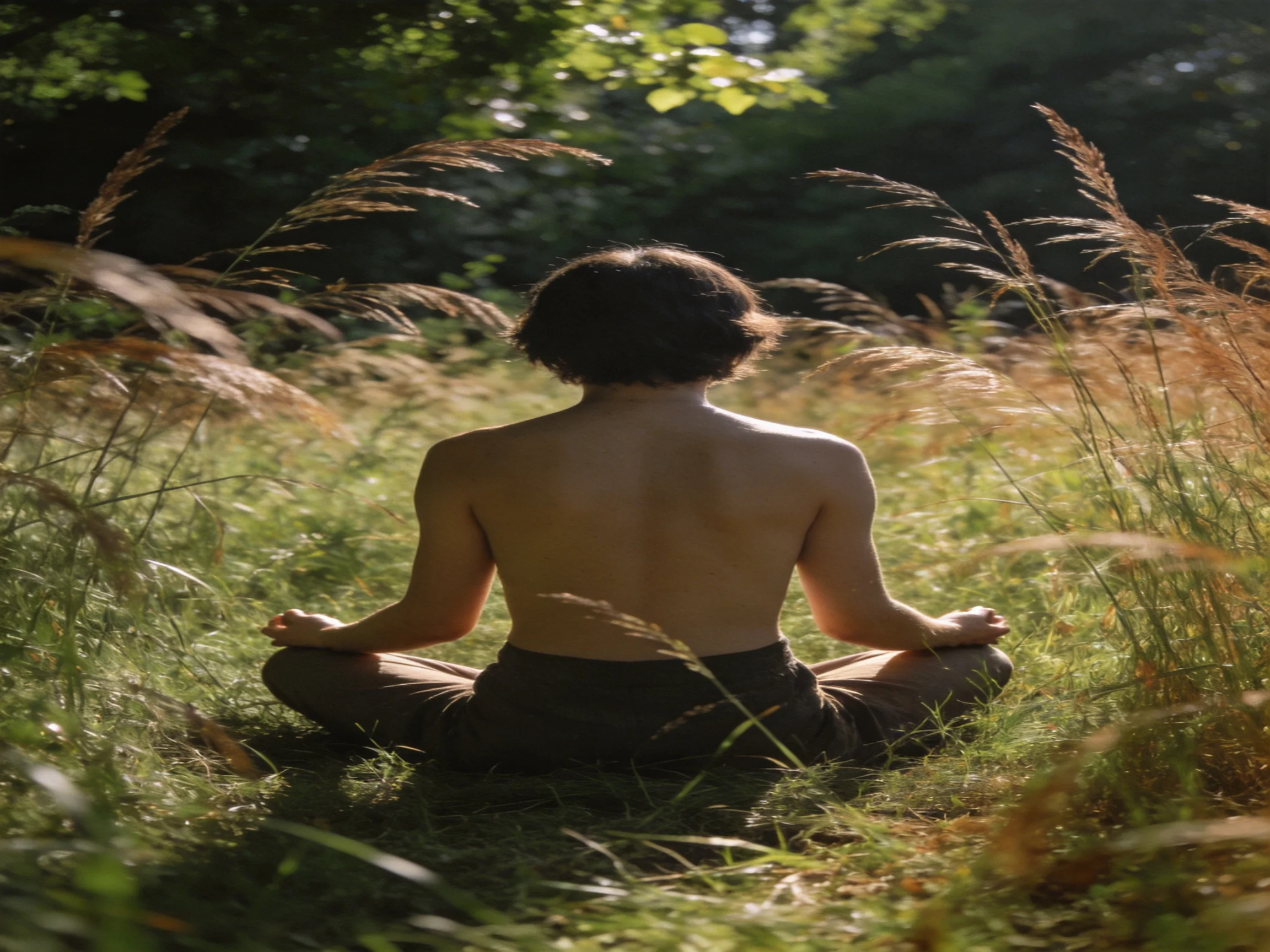 A shirtless individual meditates among tall golden grasses in a sunlit forest clearing.