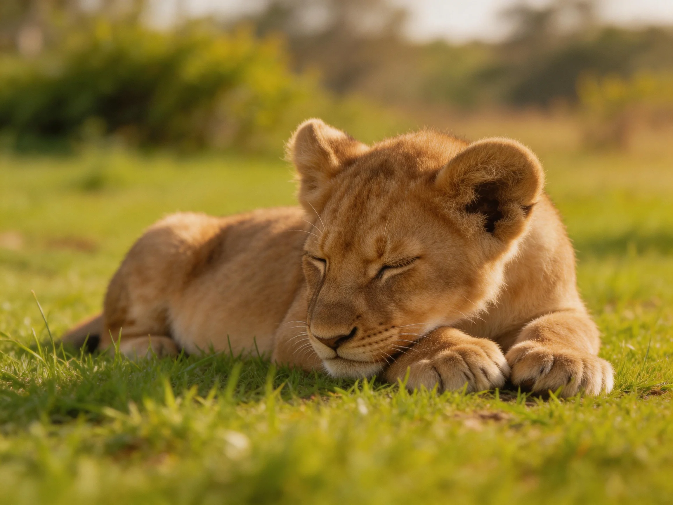 A young golden lion cub rests on green grass in a sunlit environment.