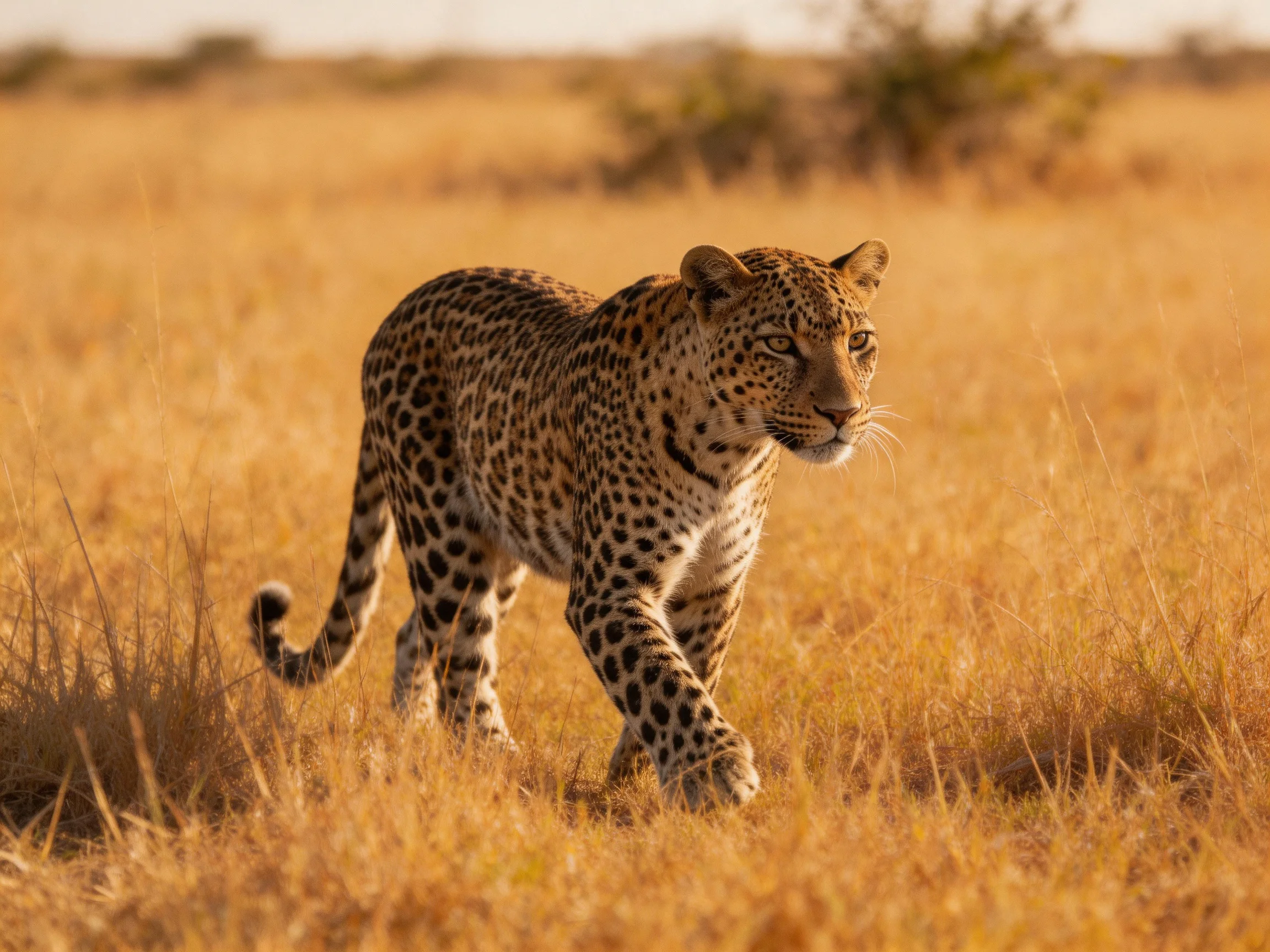 A single leopard traverses a golden savannah with distant bushes