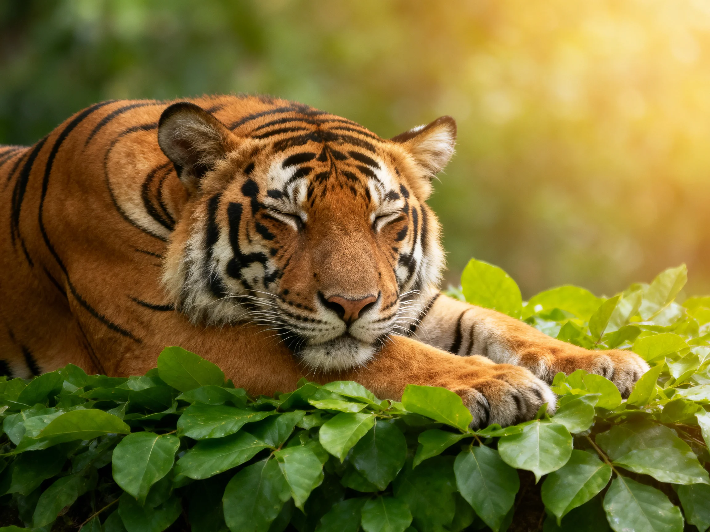 A single orange tiger rests among green foliage in a sunlit natural setting.