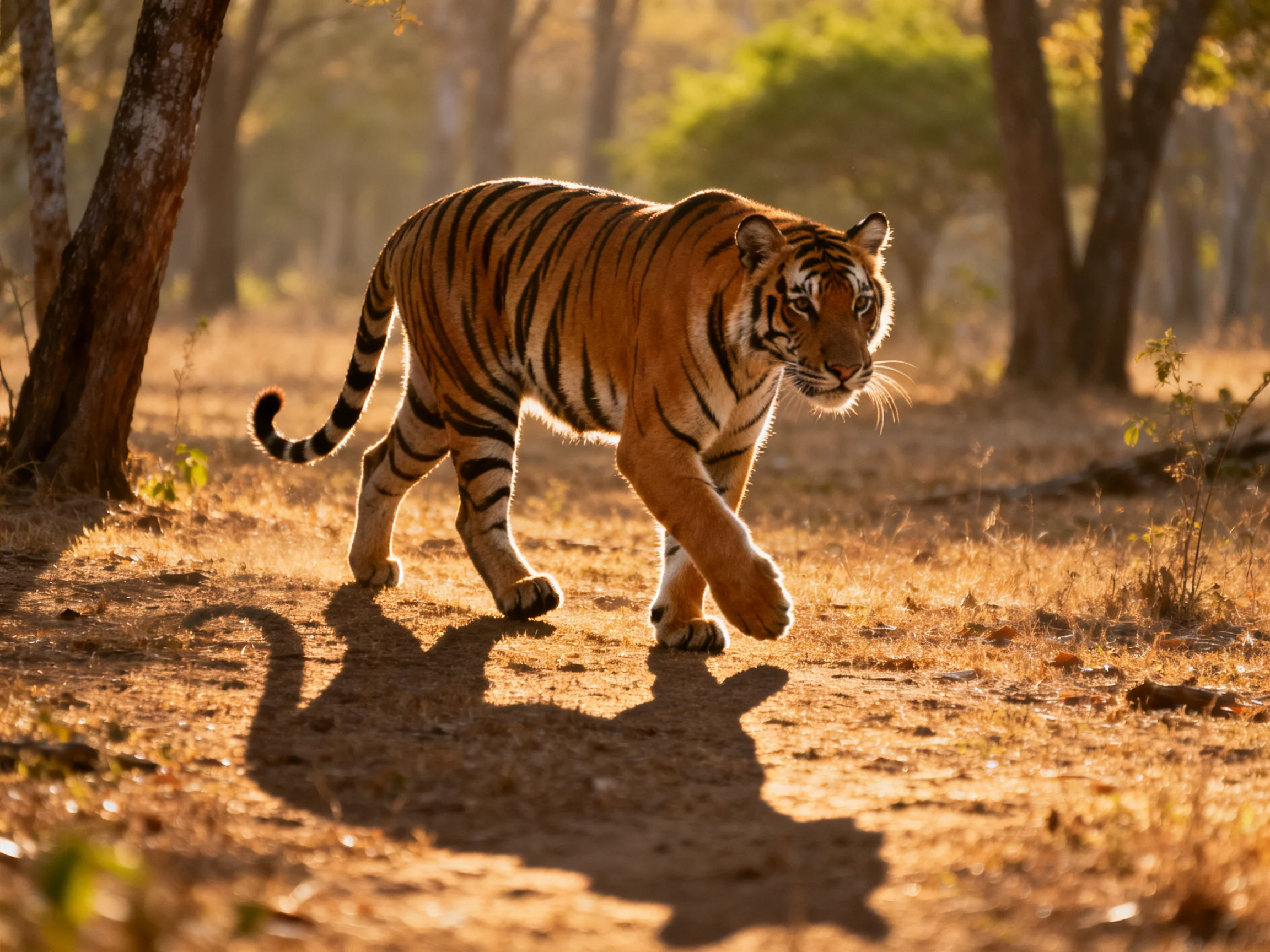A tiger roams a sunlit forest trail.